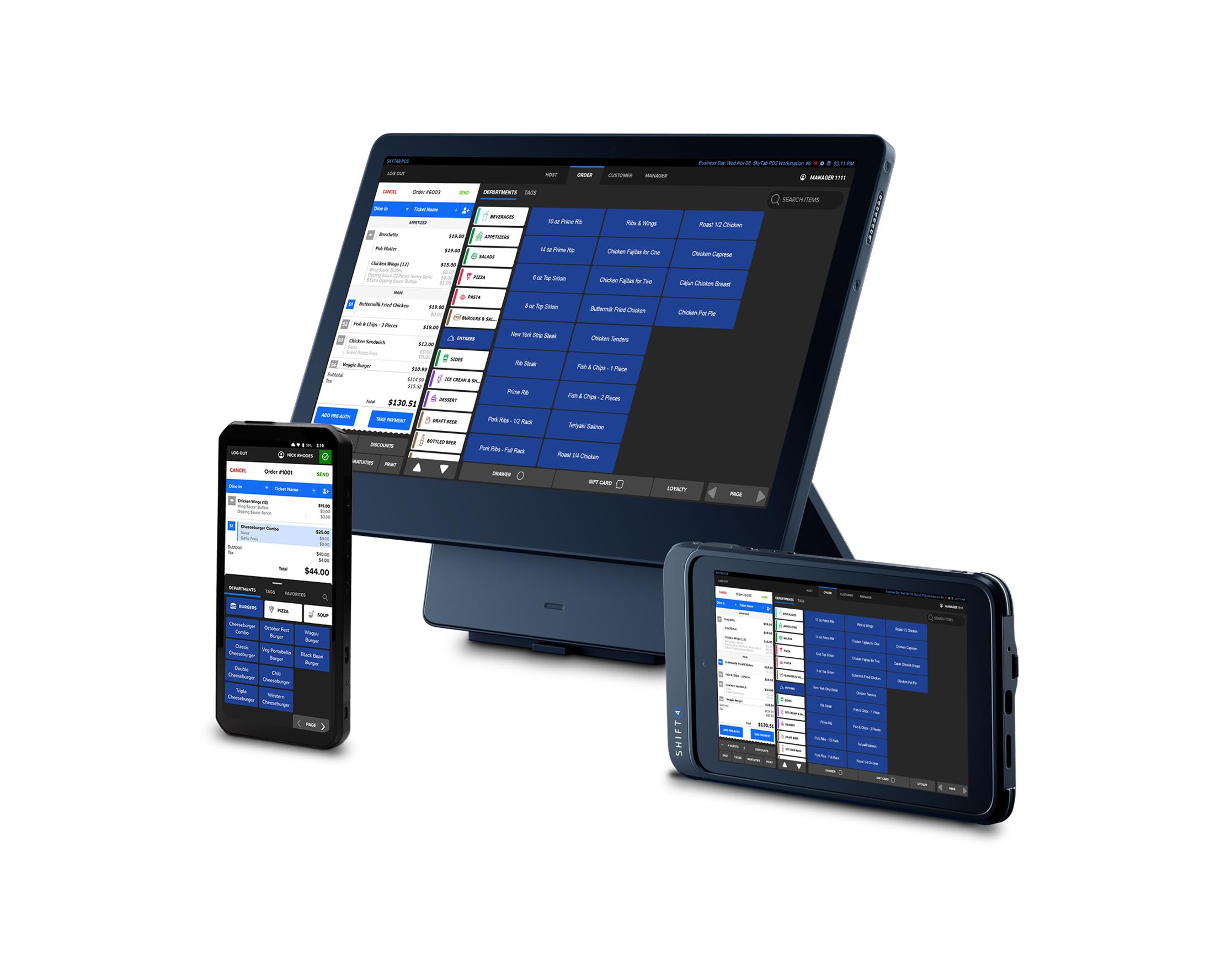 Point of sale touchscreen devices displaying a restaurant order management system with menu items and order details.