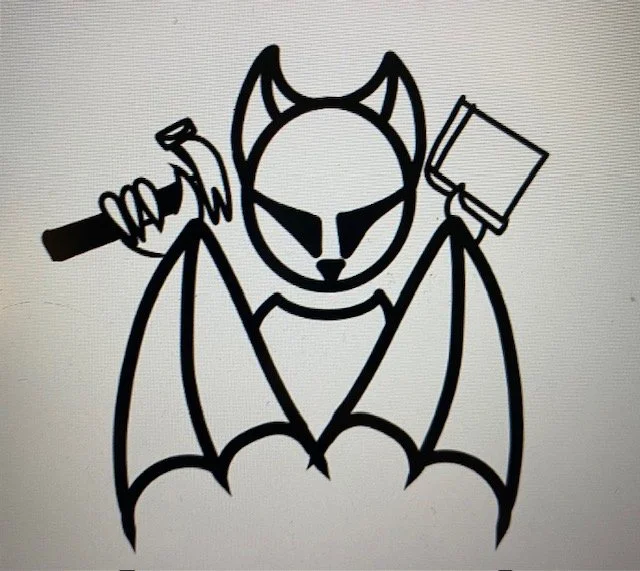 A black and white cartoon drawing of a bat with a wolf-like face, holding a hammer in one hand and a book in the other.