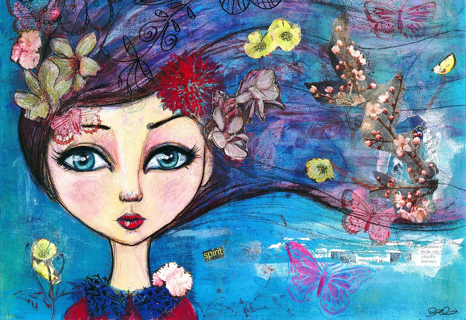 Mixed media collage art print of a feminine portrait with flowers, butterflies, and flowing hair in calming blue tones