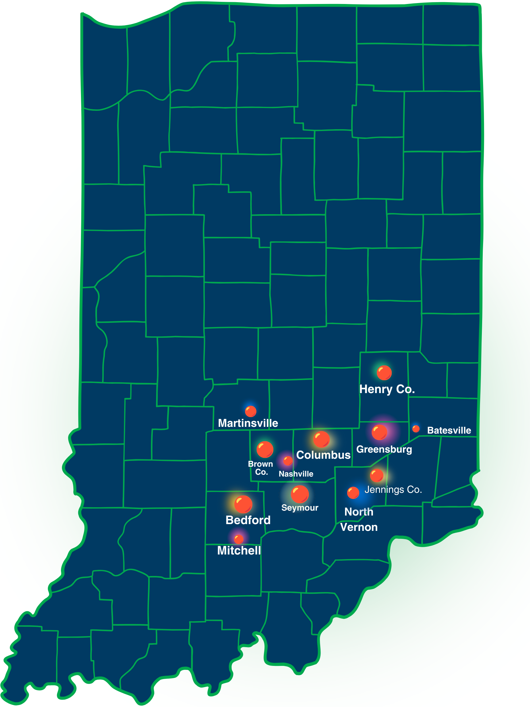 Map of Indiana displaying locations of various cities and counties, including Martinsville, Brown County, Nashville, Columbus, Seymour, Bedford, Mitchell, North Vernon, Greensburg, Henry County, Batesville, and Bates County, with city names and marker icons.