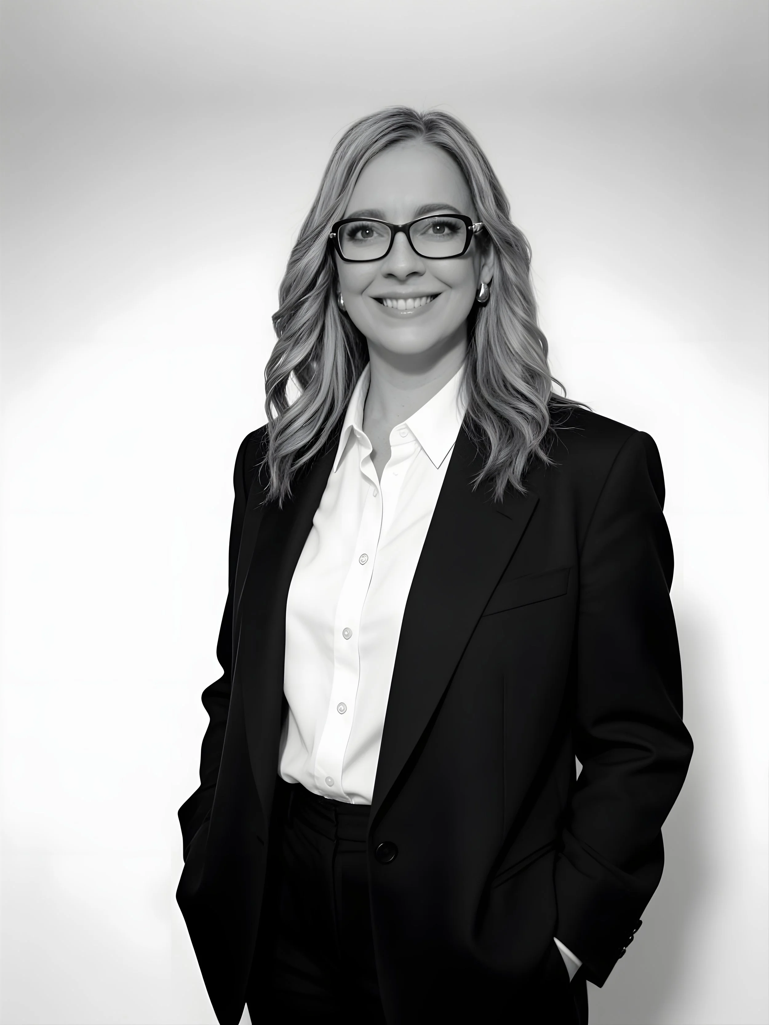 Retrato en blanco y negro de una mujer con gafas, cabello rizado y largo, vestida con saco y camisa blanca, sonriendo.
