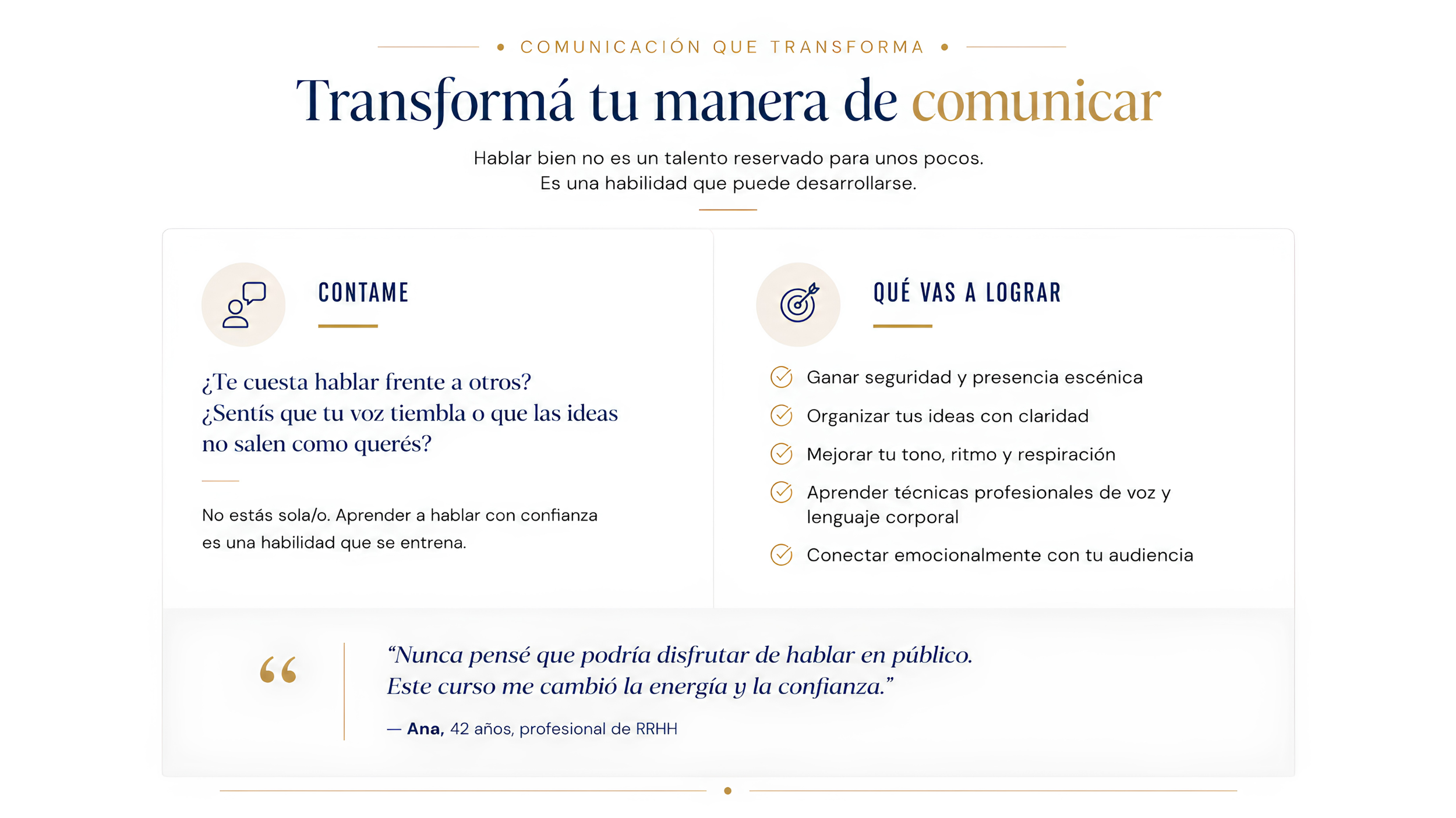 Página de una página web con título 'Transformá tu manera de comunicar' y frases sobre aprender a hablar en público, con íconos y listas de beneficios.