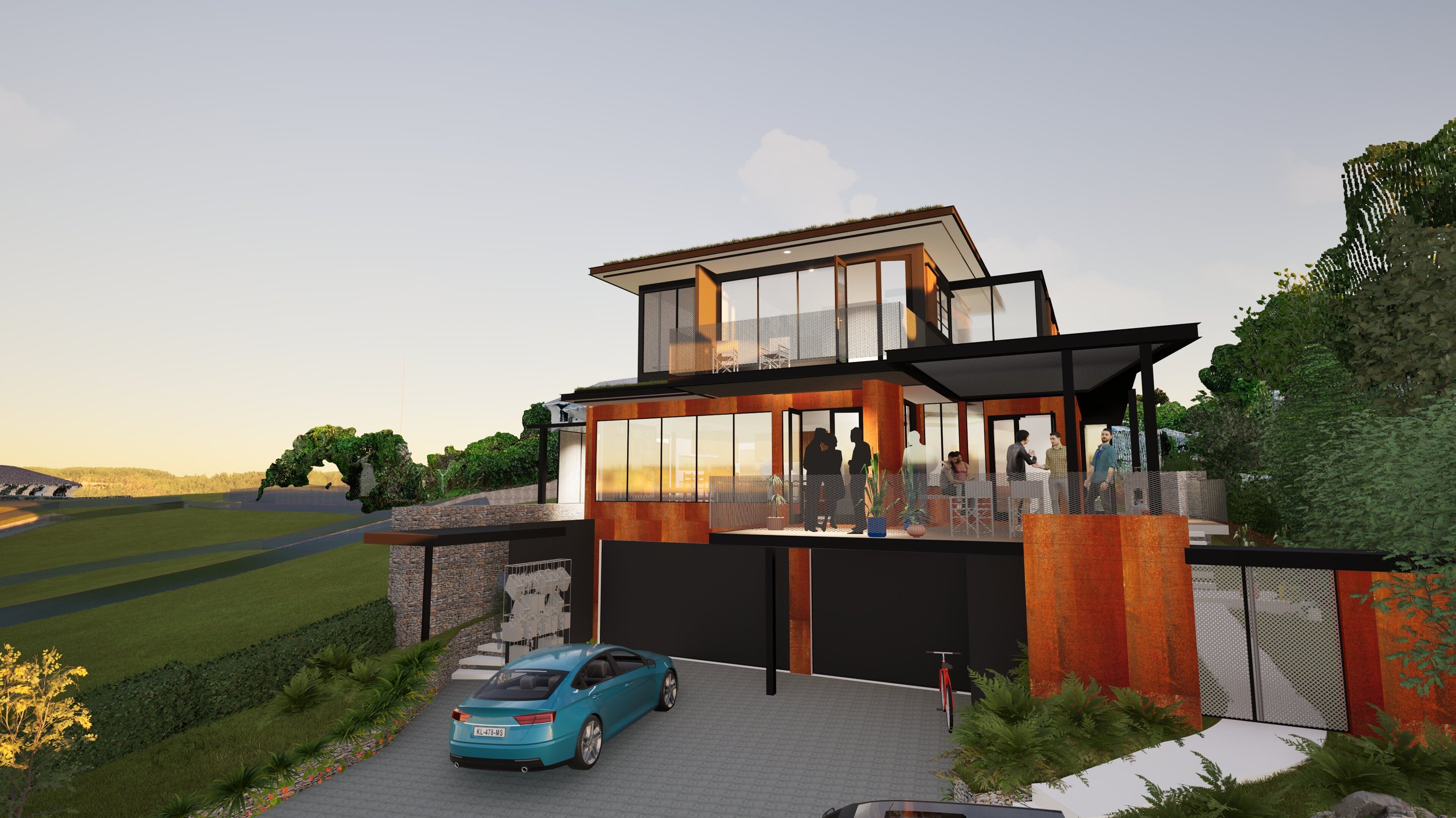 A modern multi-story house with large glass windows and a spacious outdoor patio, where people are gathered. The house features a mix of wood and black metal accents, with a car parked in the driveway and greenery surrounding the property.
