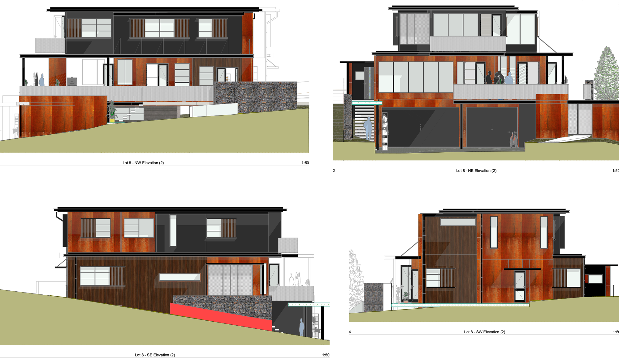 Architectural elevation drawings of a modern multi-story house showing NW, NE, SE, and SW views with exterior finishes, windows, balconies, and landscaping.