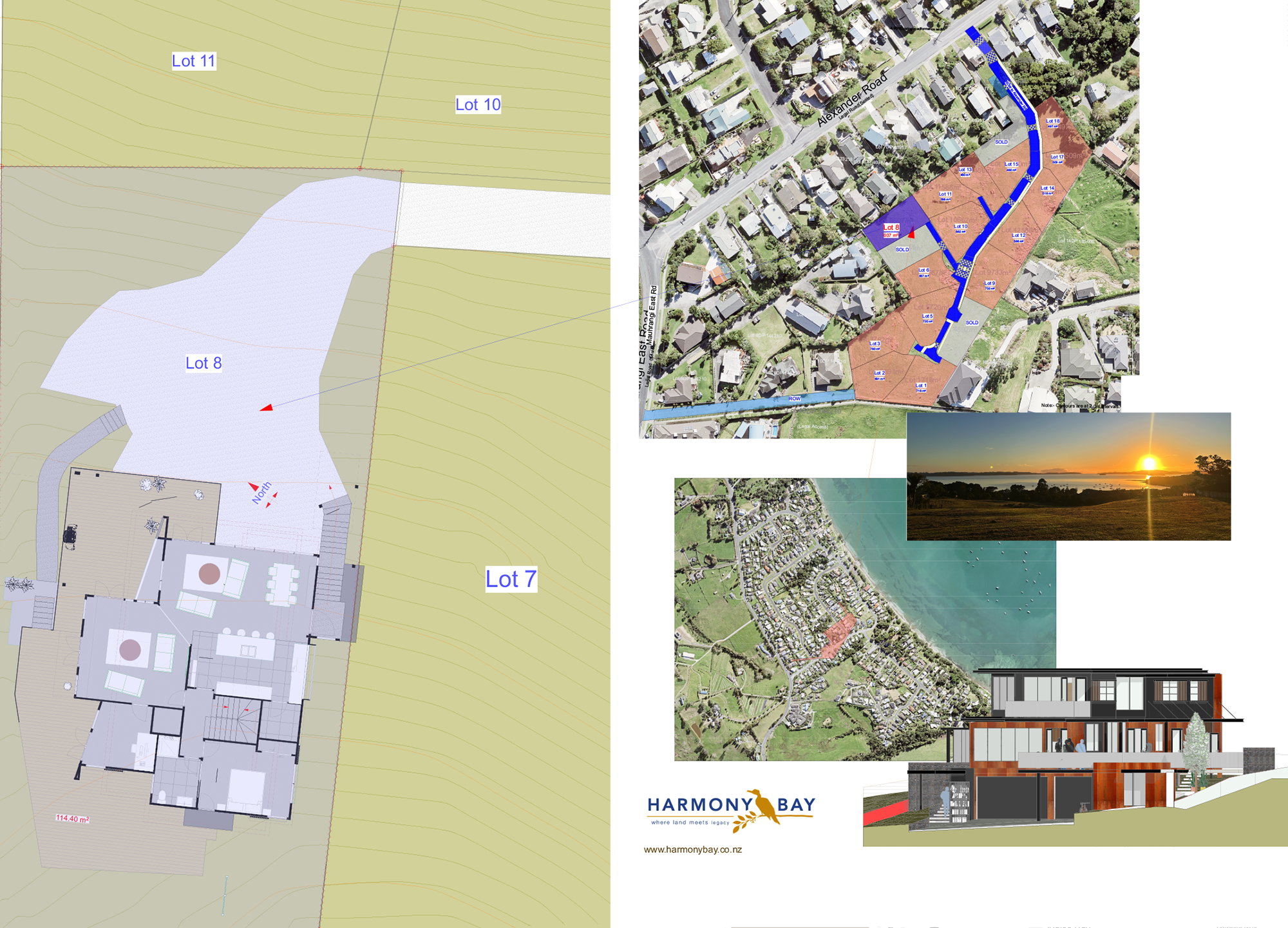 A set of four maps and images for a property development project in Harmony Bay, including site plans, aerial views, drawings, a sunset photo, and a building render, with the Harmony Bay logo, website, and a tagline "where land meets legacy."