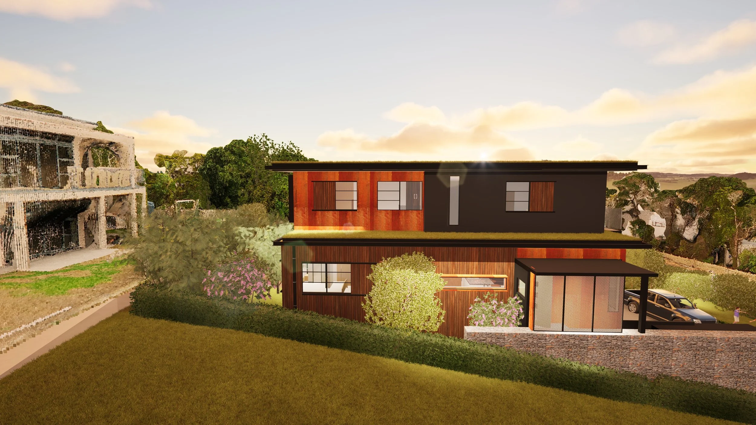 Modern two-story house with wood and dark exterior, surrounded by greenery and flowers, with a driveway and parked cars, in a suburban neighborhood under a partly cloudy sky during sunset.