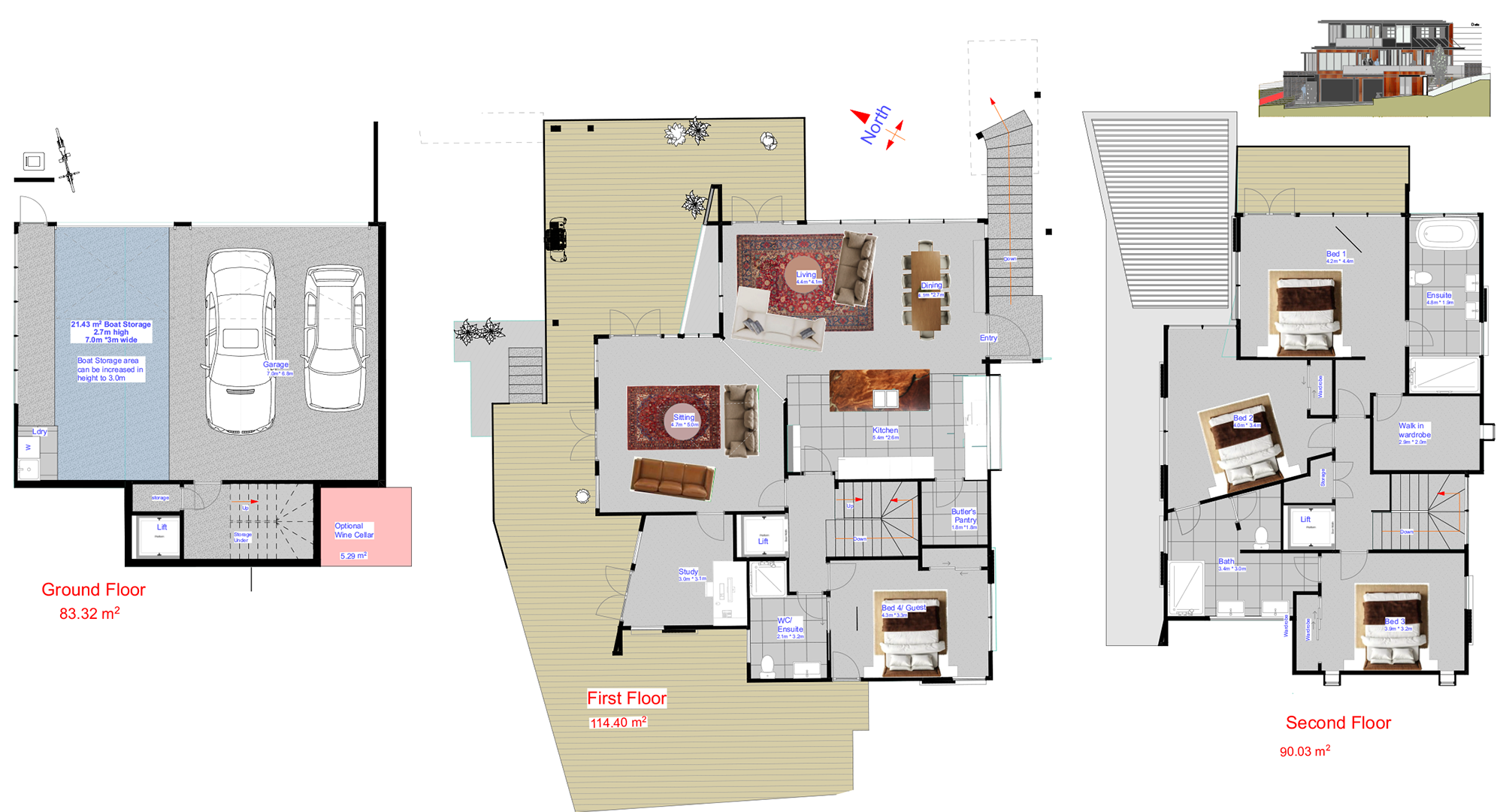 Floor plan of a multi-story house with labeled rooms and areas, including a garage, living room, kitchen, bedrooms, bathrooms, and outdoor deck, with measurements and descriptions.