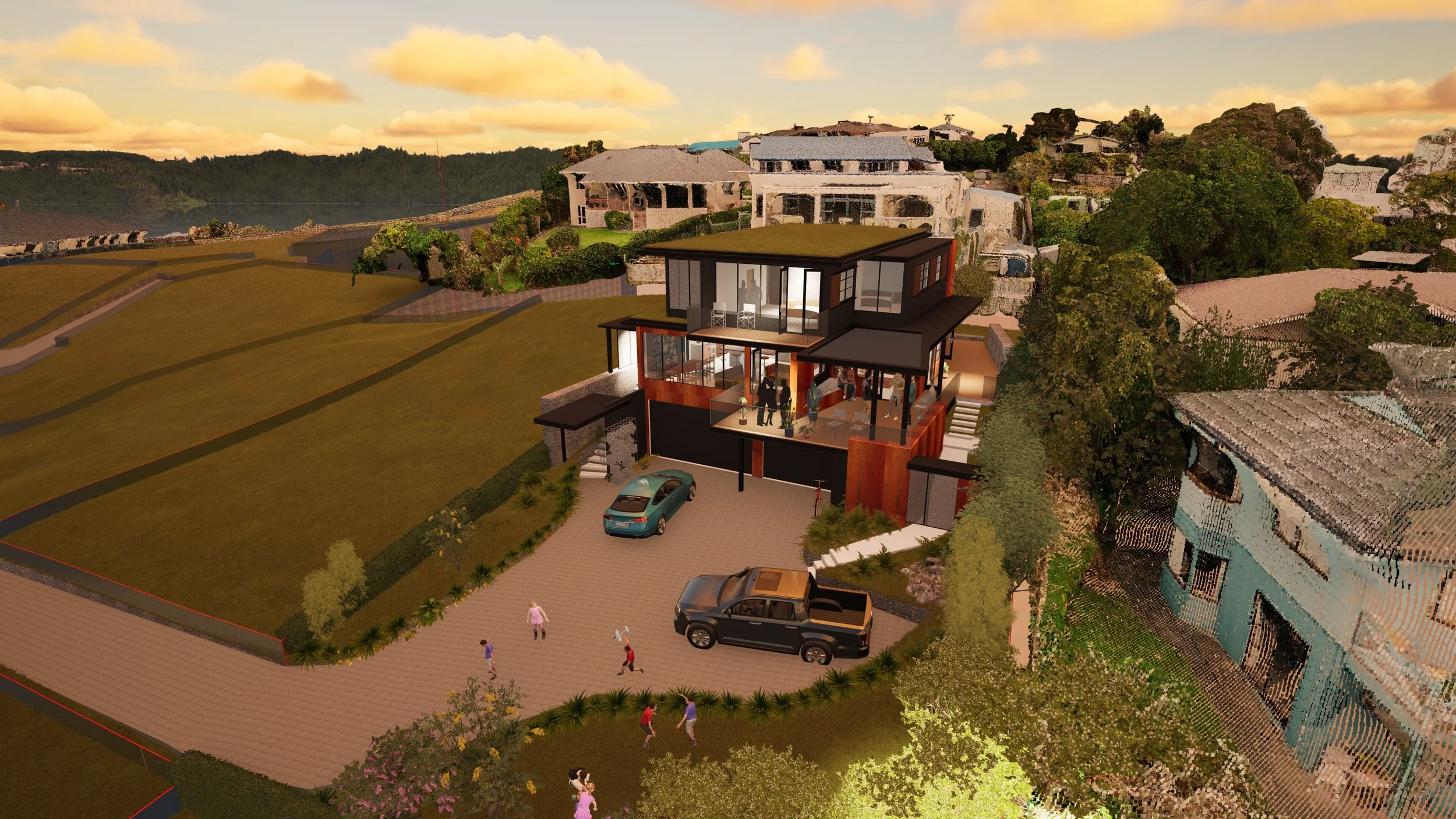 A modern multi-story house with large glass windows, a parking lot with several cars, and people walking and gathering outside. The house is situated on a sloped terrain with adjacent houses and greenery.