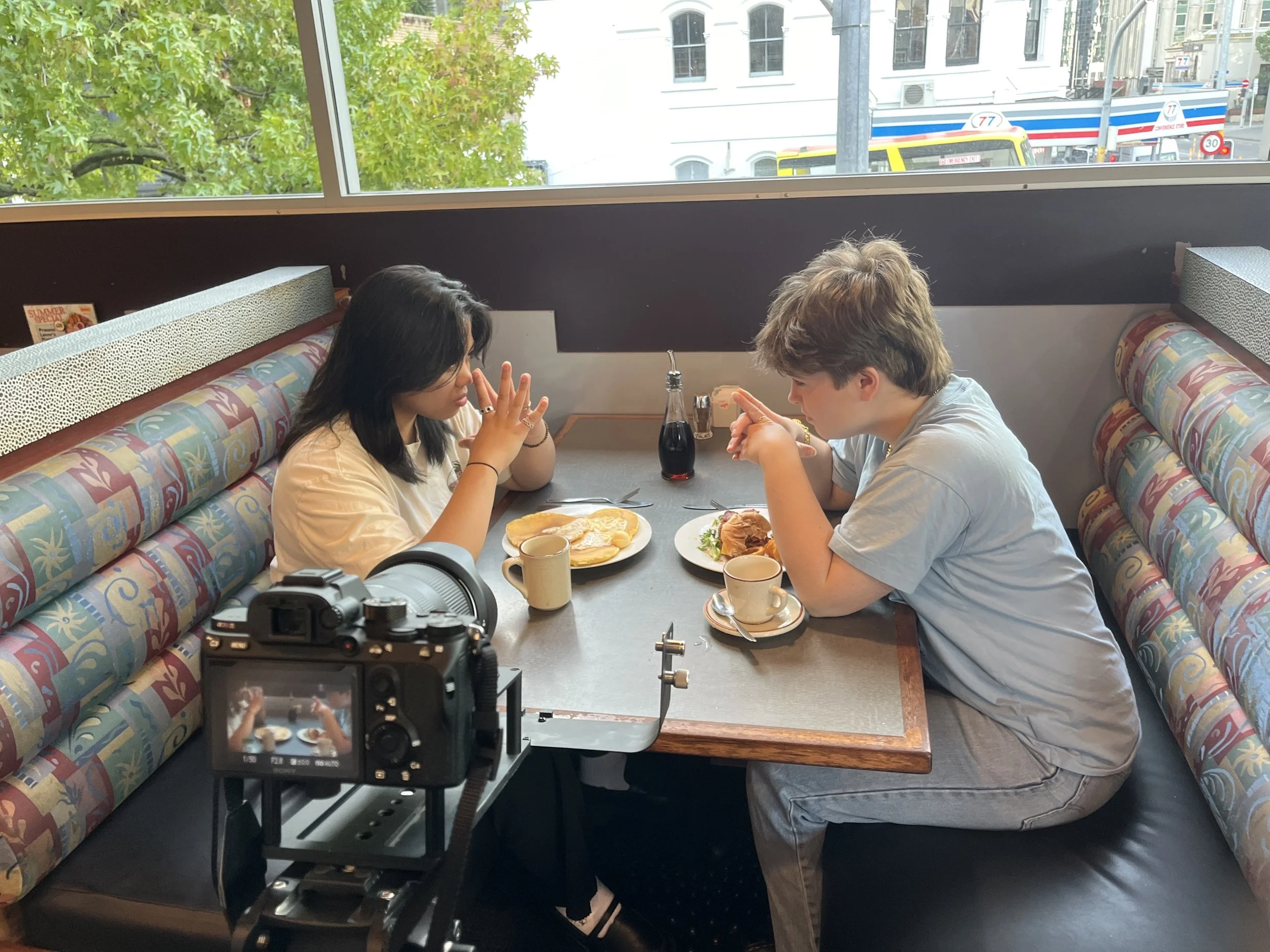 BTS of our short "Bananas Riding Horses Circa 1985" shot at Denny's. 