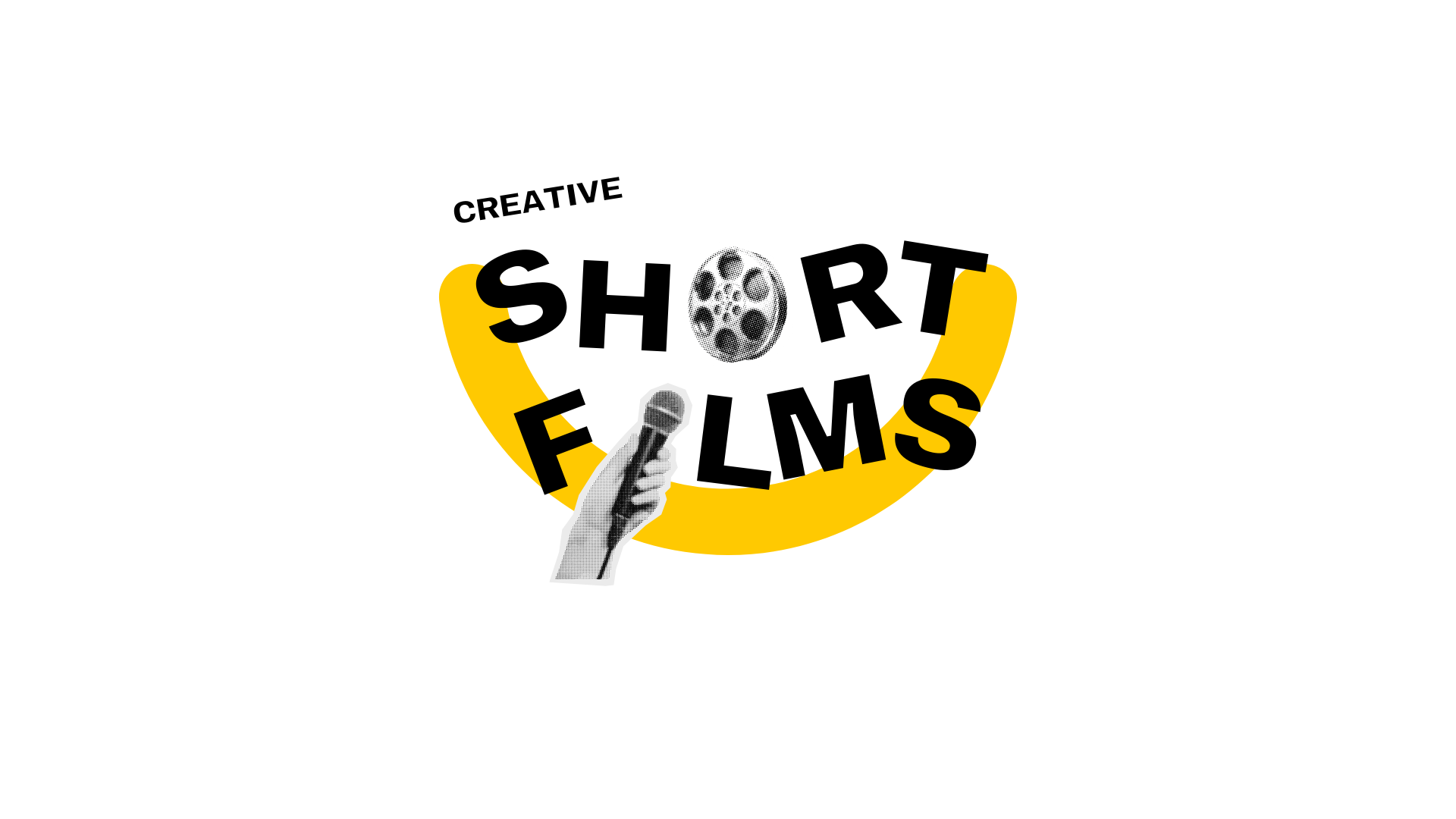 A stylized graphic promoting creative short films, featuring a yellow semicircle with a black and white film reel, a hand holding a microphone, and bold black text saying "Short Films" with "Creative" above.