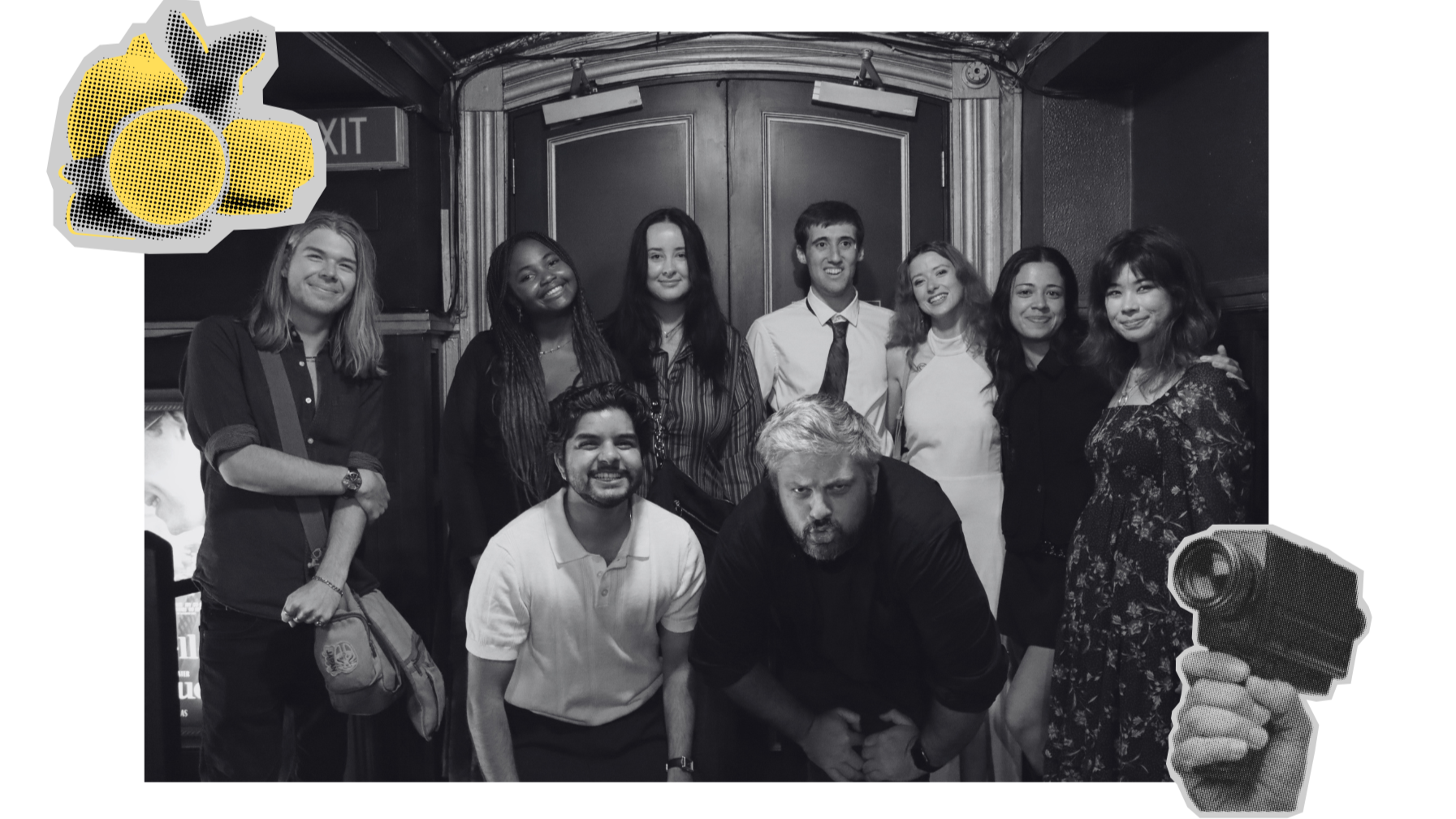 A black and white photo of Lemon Time's wider team members at the Lemon Time premiere, posing and making playful expressions. The photo has graphic elements like a yellow lemon and a finger pointing with a gun, added as stickers.