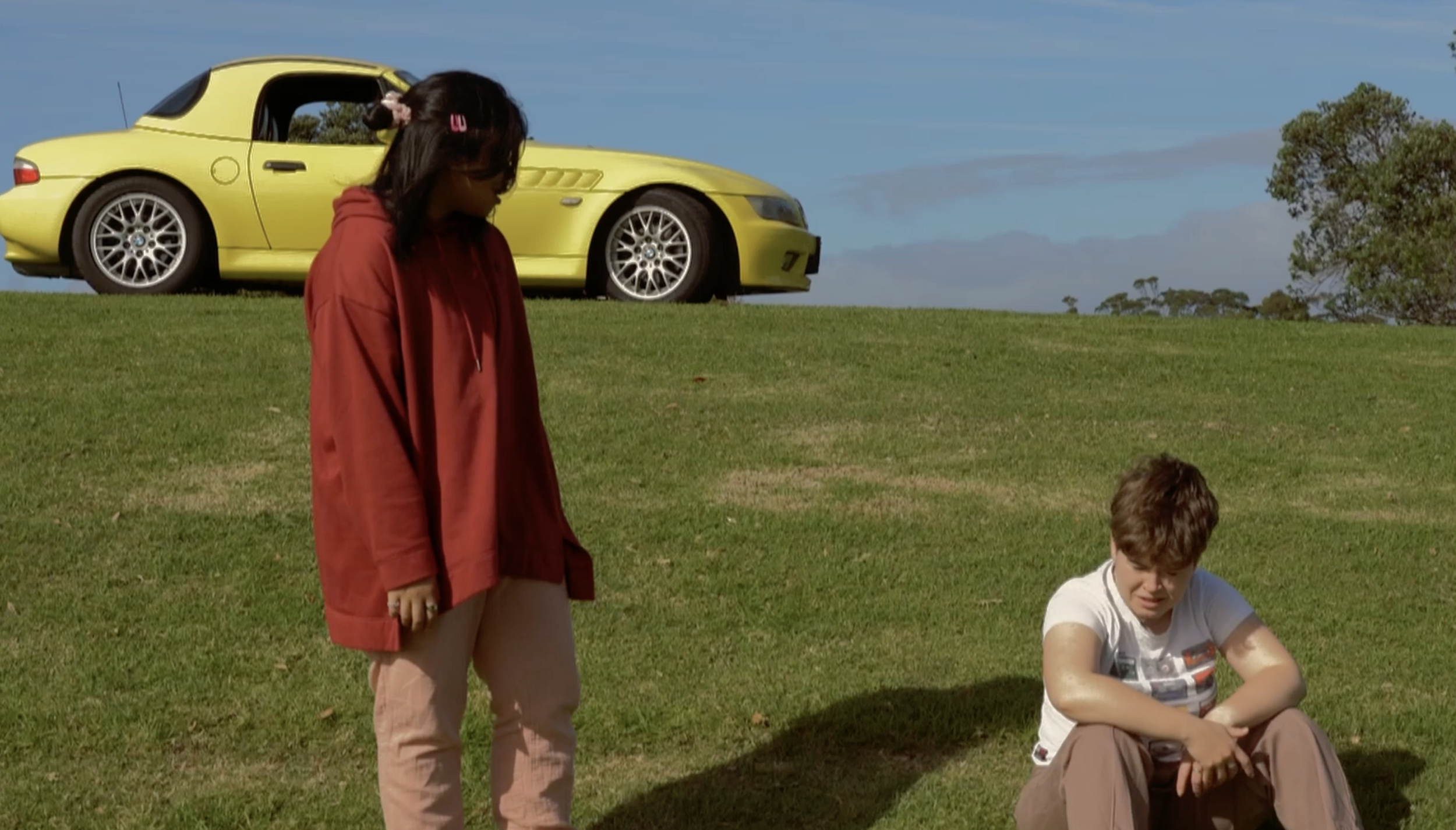A young woman with dark hair, wearing a red jacket, stands next to a seated young man with brown hair, wearing a white t-shirt, on a grassy field with a yellow sports car in the background.