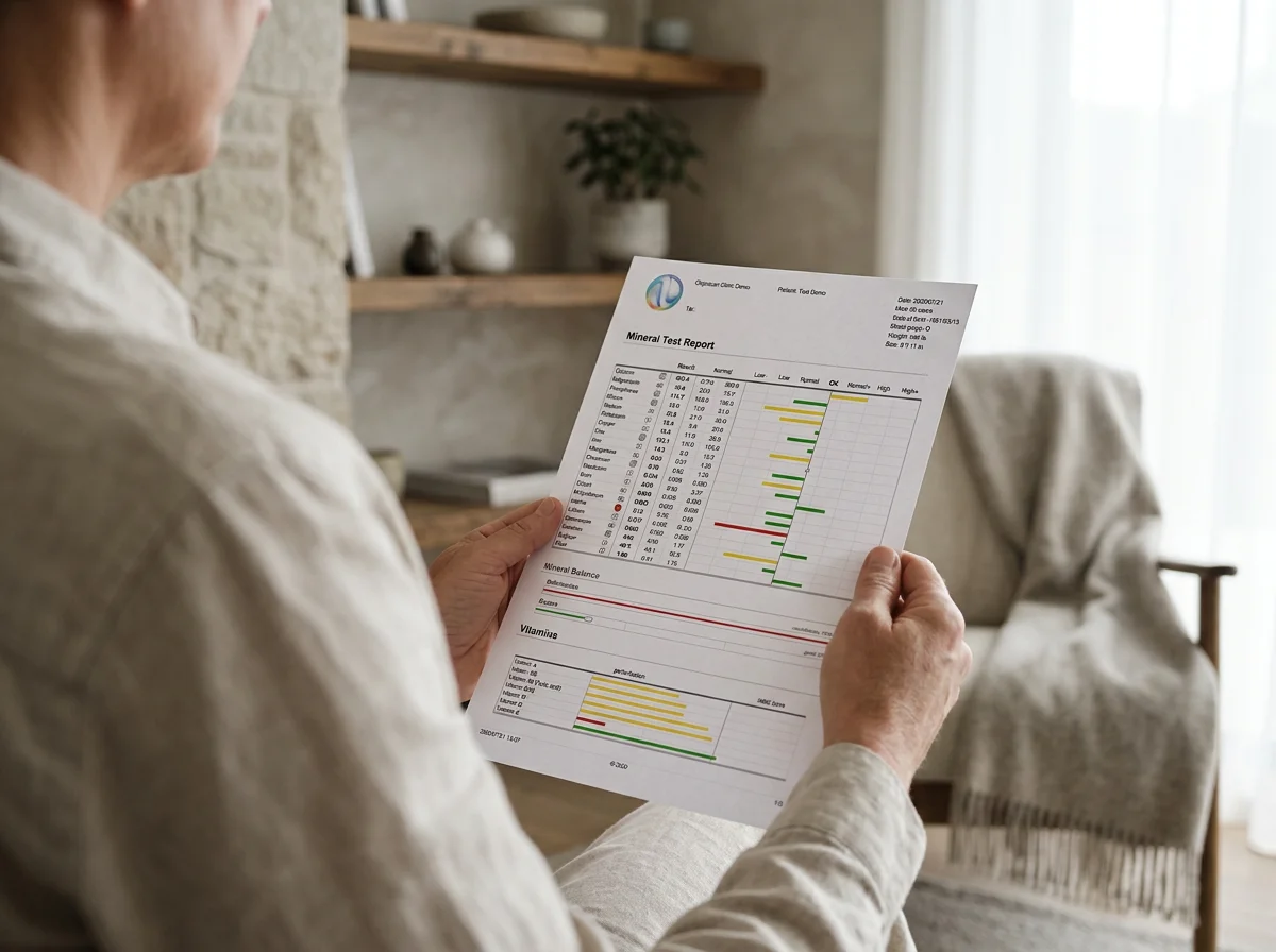 Person reading a mineral test report in a cozy living room with natural light and minimal decor.