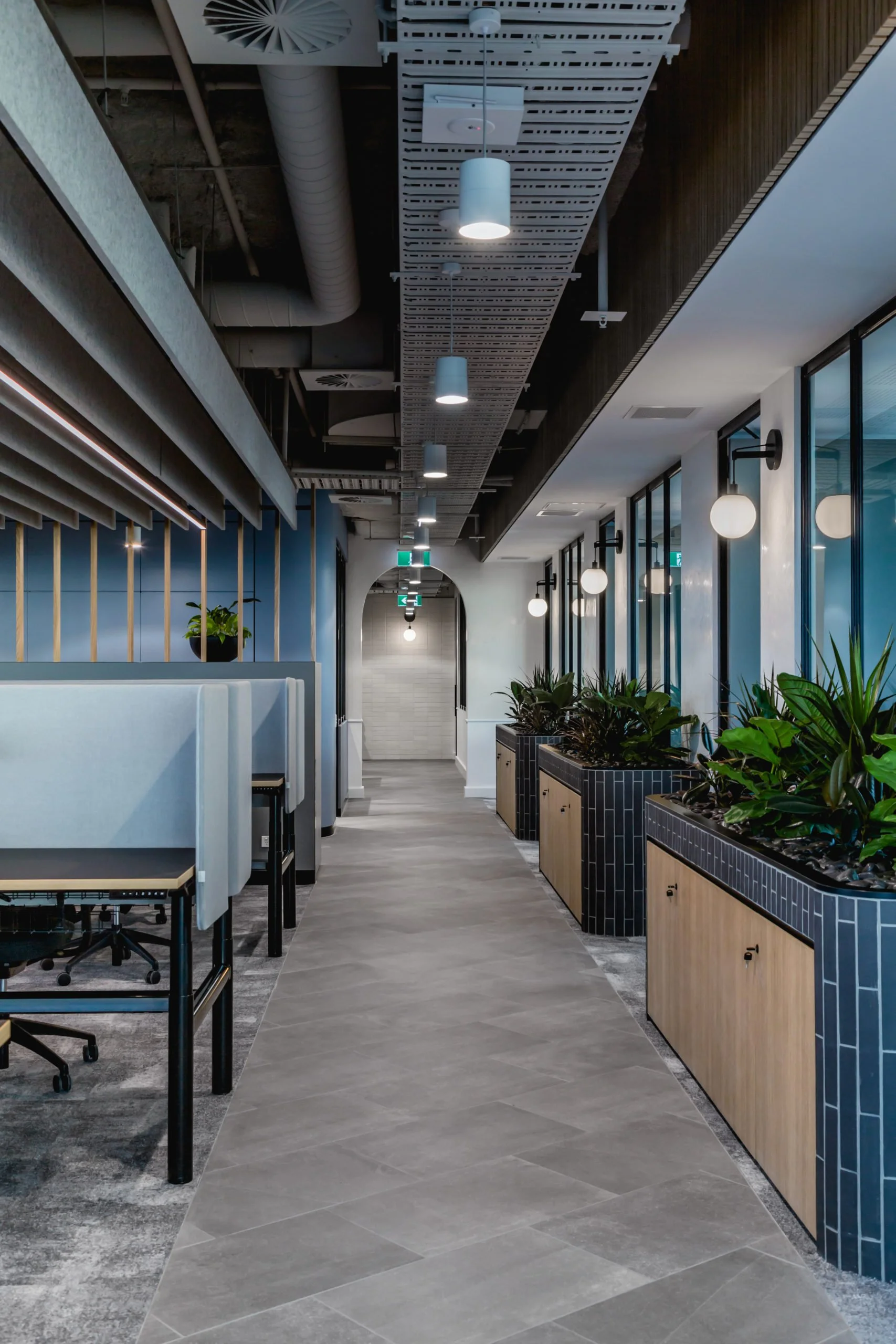 Modern office hallway with tables and chairs on the left, large planters with green plants on the right, glass windows lining the right wall, and ceiling lights hanging above.