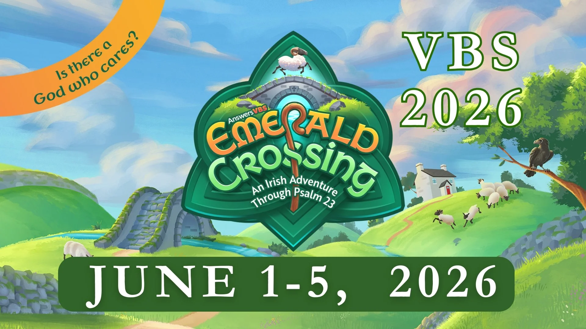 Colorful promotional banner for VBS 2026 event, titled "Emerald Crossing: An Irish Adventure Through Psalm 23," held June 1-5, 2026, featuring green landscape with sheep and trees, a bridge, and a sheep on a shepherd's staff with a sheep on top.