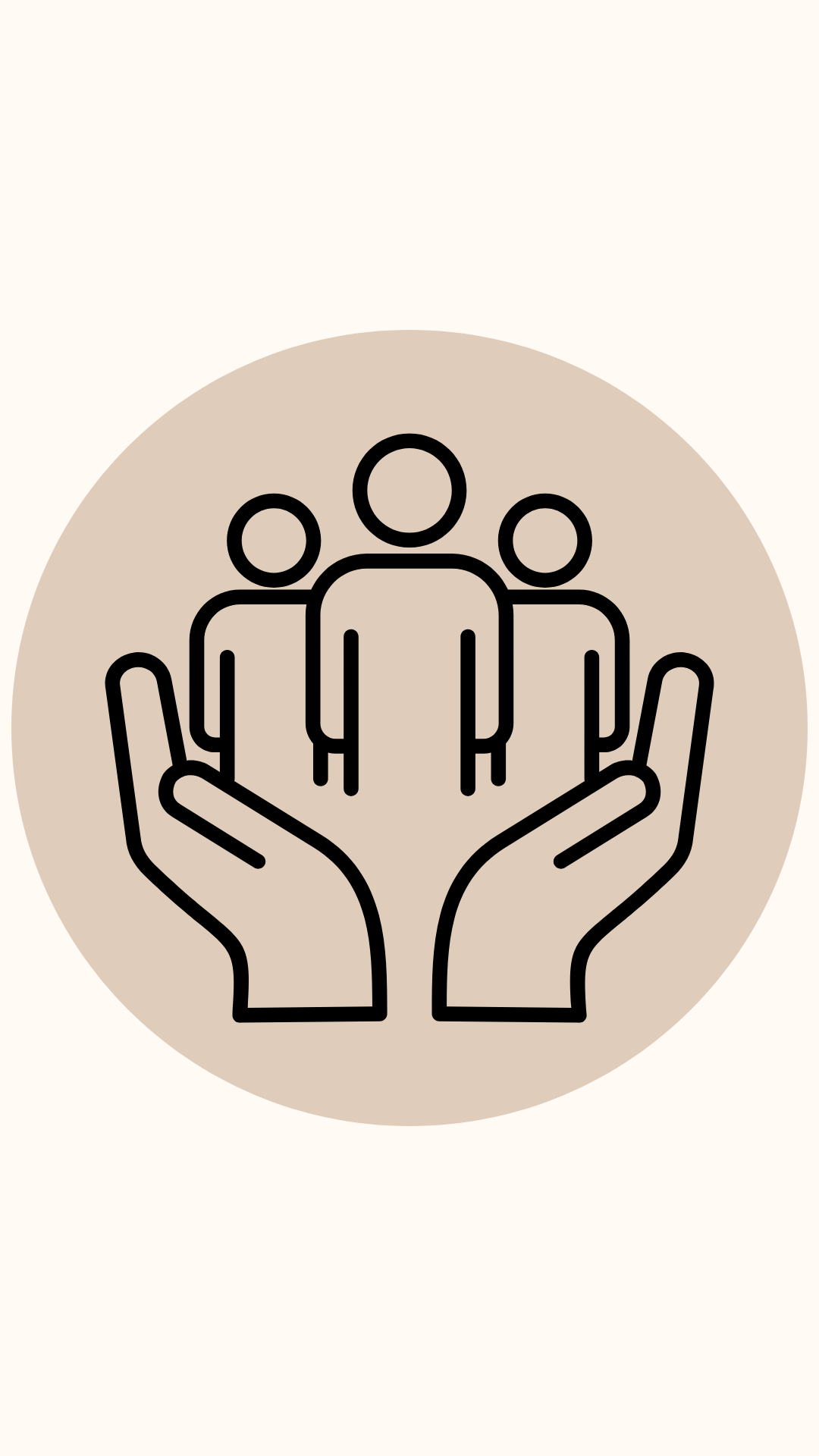 Outline drawing of three people standing on a large pair of hands, with a beige circle background.