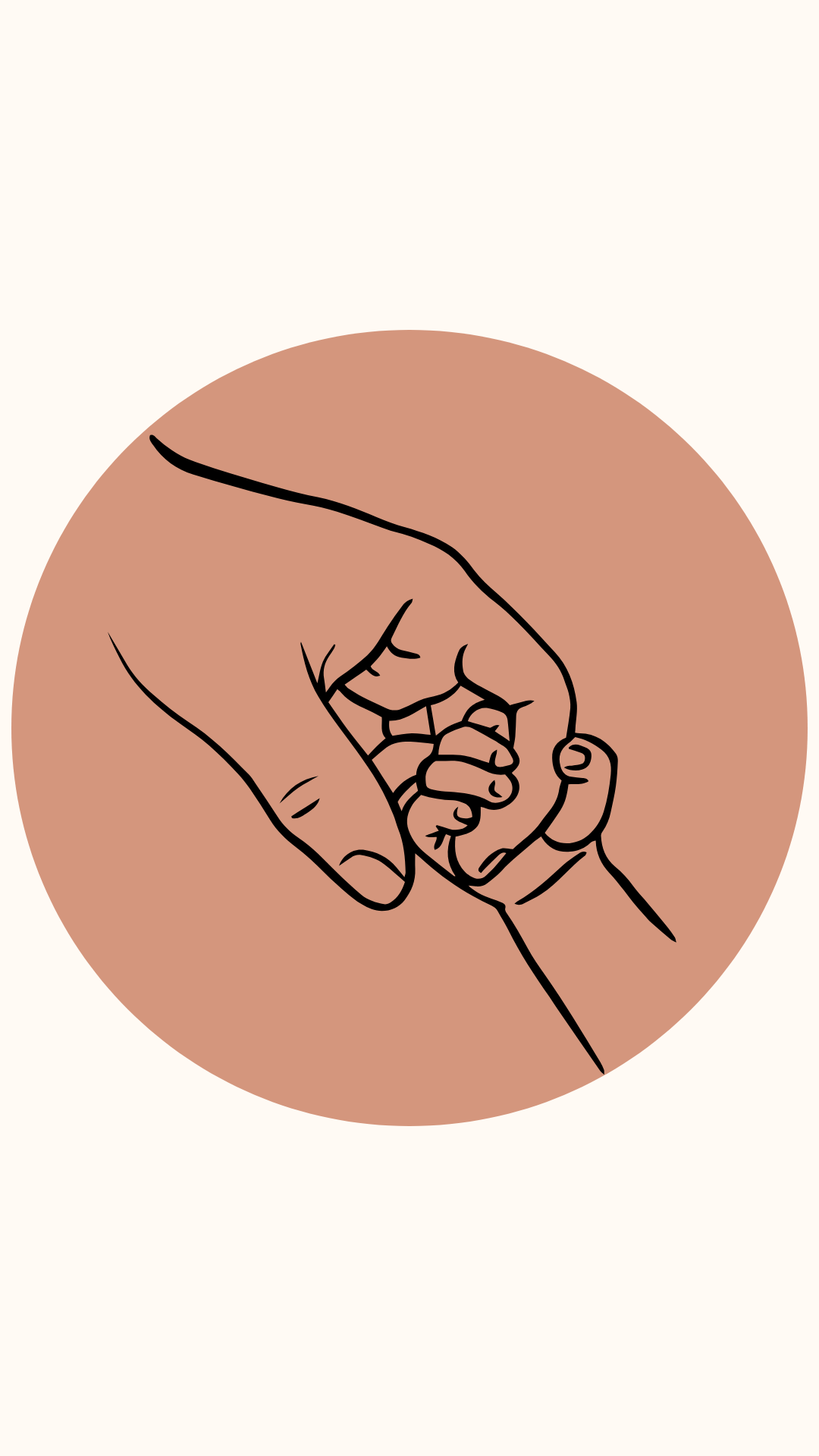 Line drawing of an adult hand gently holding a baby's hand, centered in a beige circle on a light background.