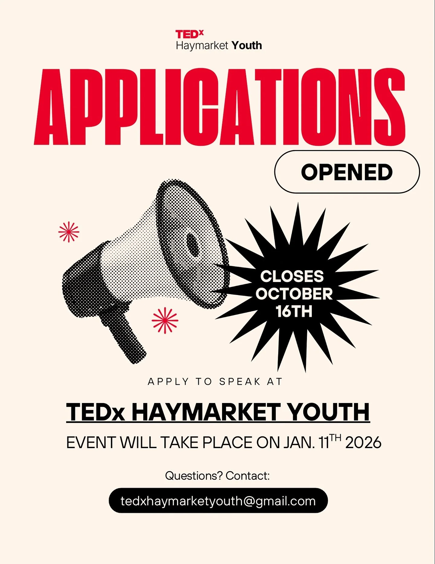 Interested in speaking at TEDxHaymarket Youth? 

ONLY one week left to apply‼️

Fill out the application in the pinned comment by October 16th!