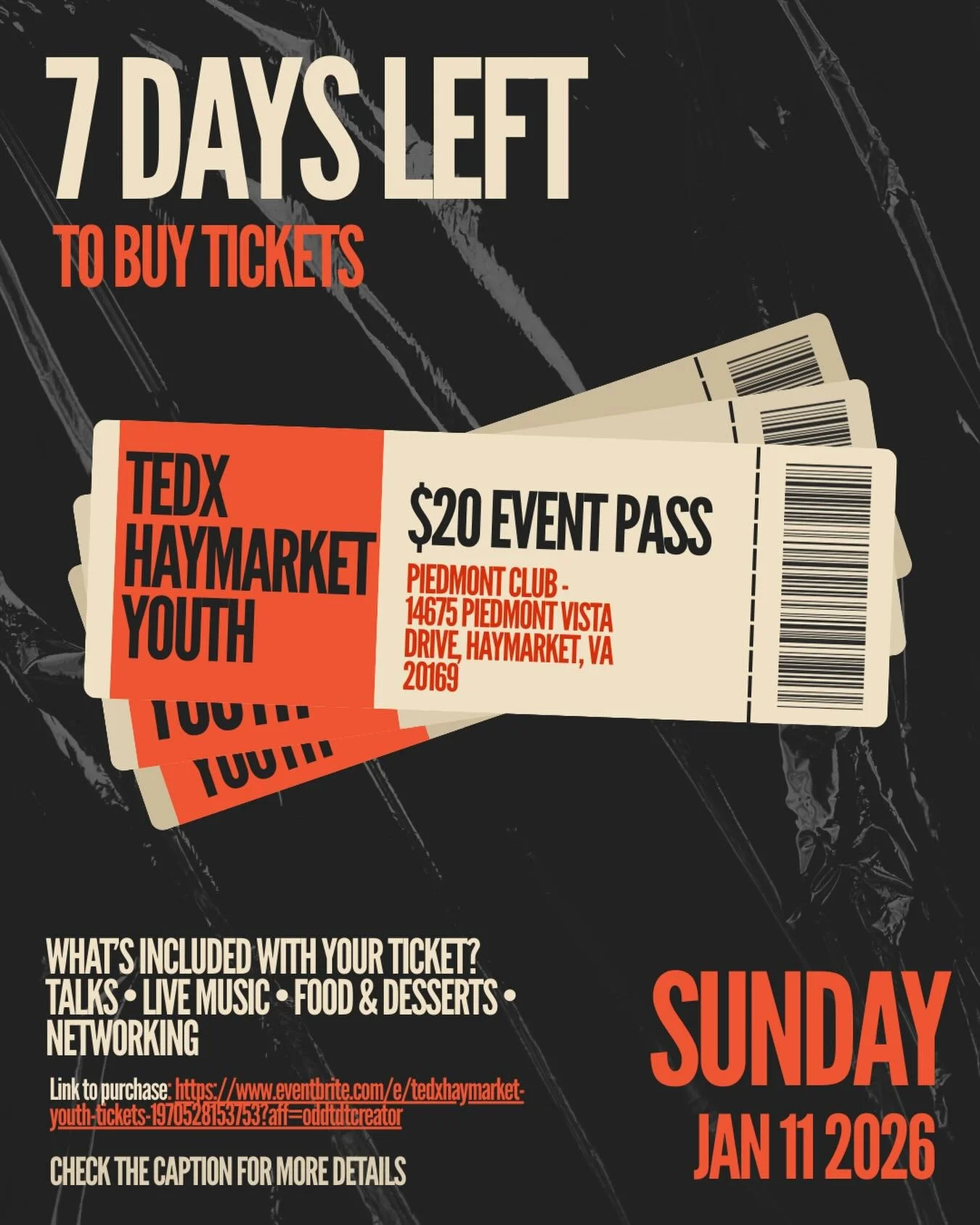ONE WEEK left to get tickets to Haymarket&rsquo;s FIRST TEDx event‼️‼️

Why come to TEDxHaymarket Youth? 
Enjoy live music, listen to powerful talks by young speakers, and network with others over free food, drinks, and desserts! 

🎤 Interested in s