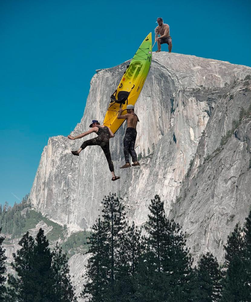 How far will you go to hide your favorite spots?  Eric, Giray and CJ rappelling kayaks down cliffs.