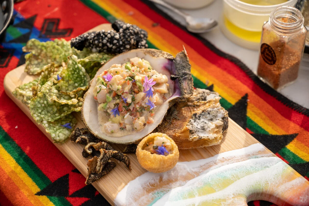 Rockfish-Scallop Ceviche with Crispy Skin and Sea Lettuce Chicharrons