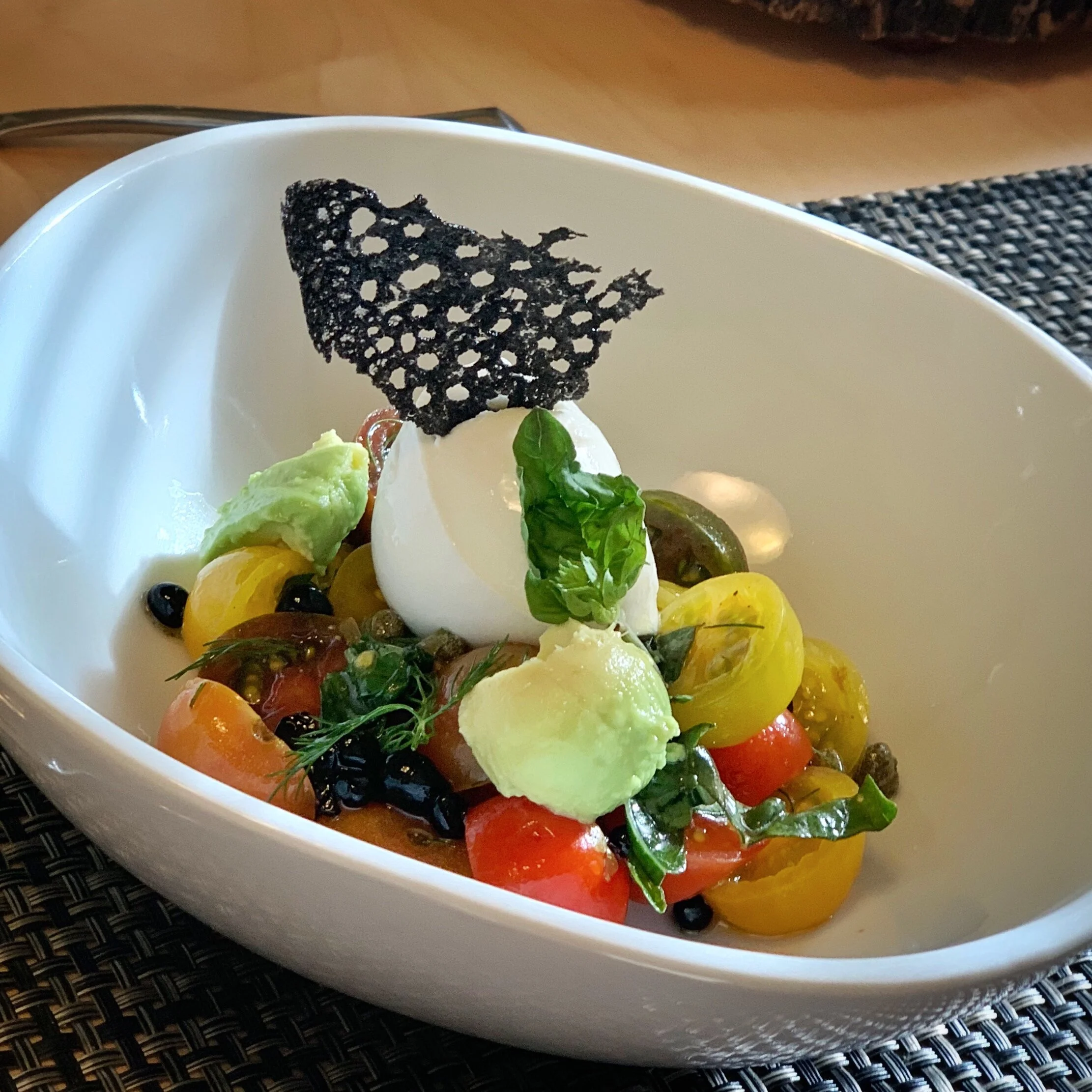 Caprese Salad with Balsamic Vinegar Pearls and Black Coral Tuile