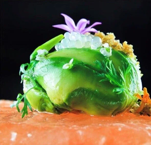 Crab + Avocado Charlotte with Meyer Lemon Pearls and Sourdough Crumble