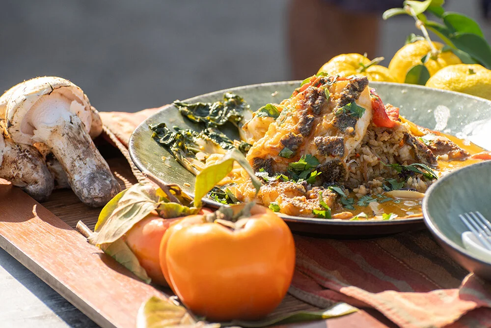 Crispy Rockfish Filet over Dirty Rice and Malaysian Crab Curry