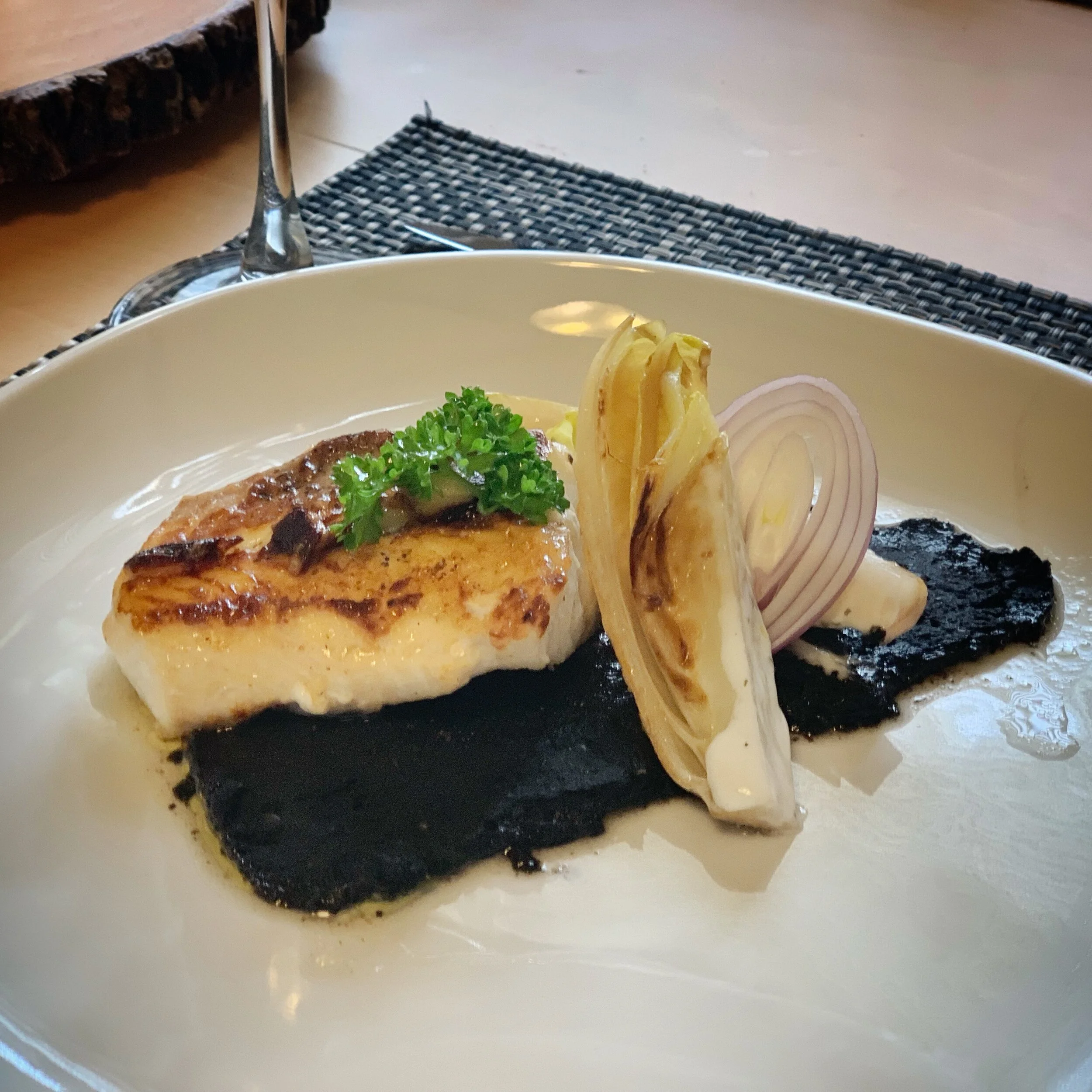 Lingcod &amp; Endive Salad over Squid Ink Lentils