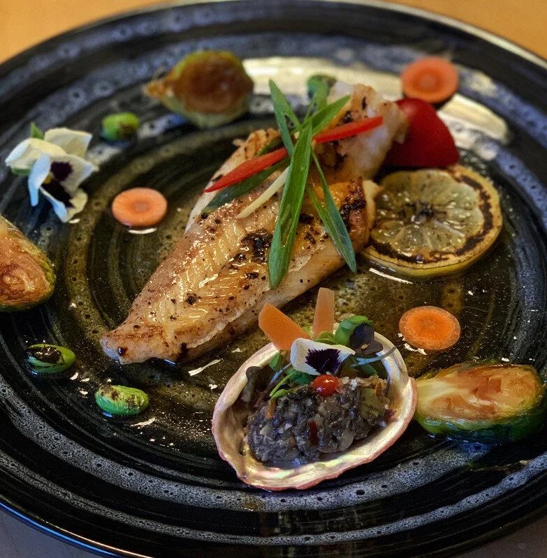 Lingcod over Burned Lemon in Ginger Reduction with Spicy Shiitake