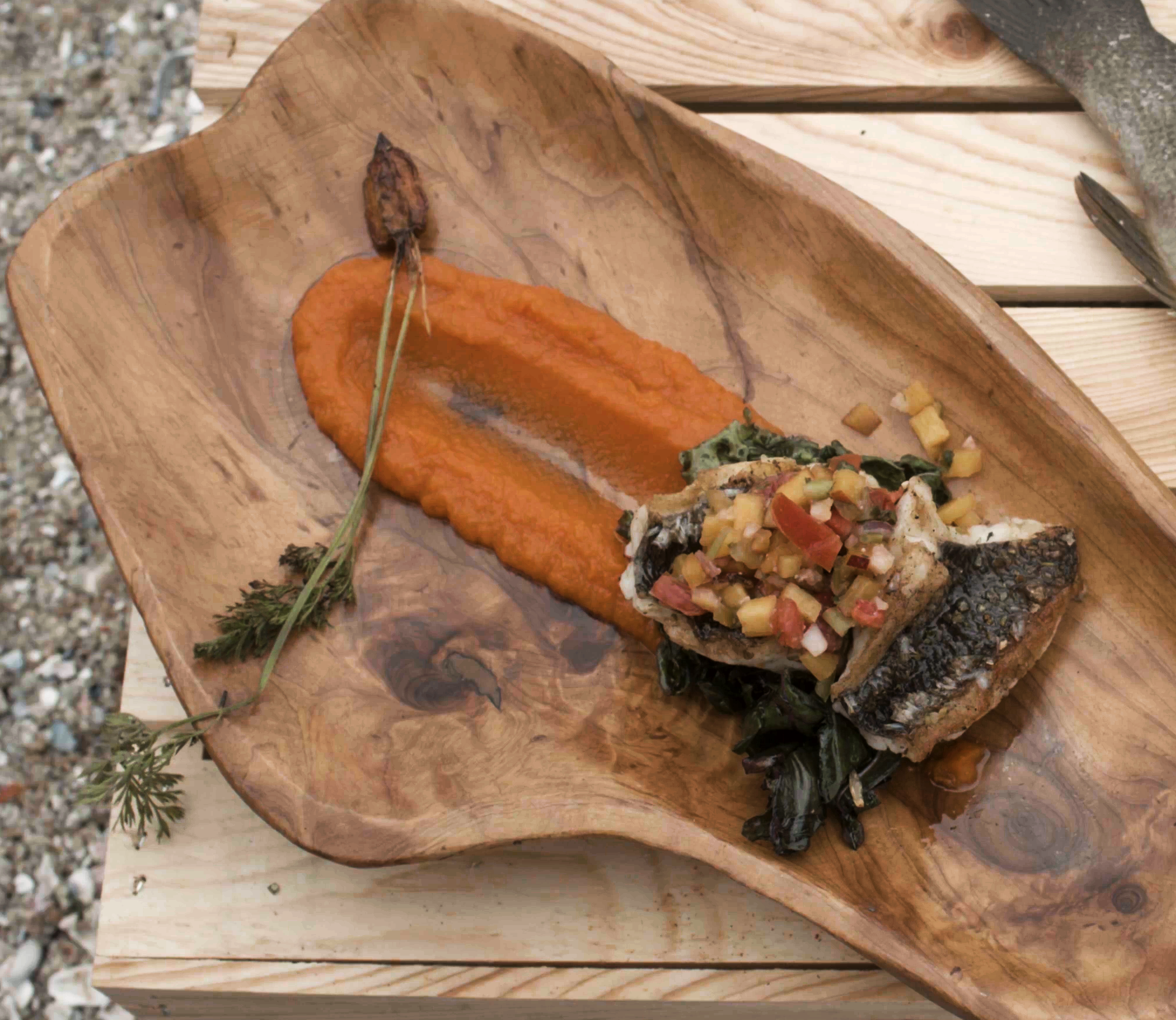 Rockfish with Truffled Garden Carrot Coulis and Stone Fruit Salsa