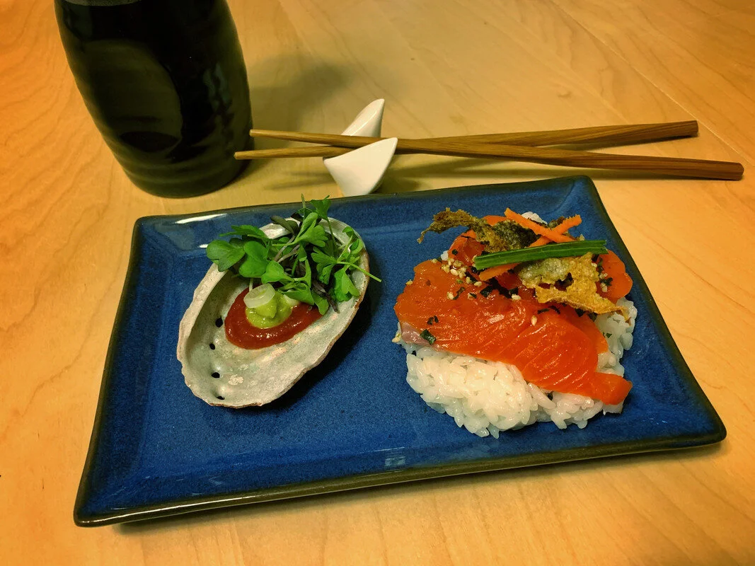 Salmon Sashimi with Crispy Belly Skin Chicharrones 