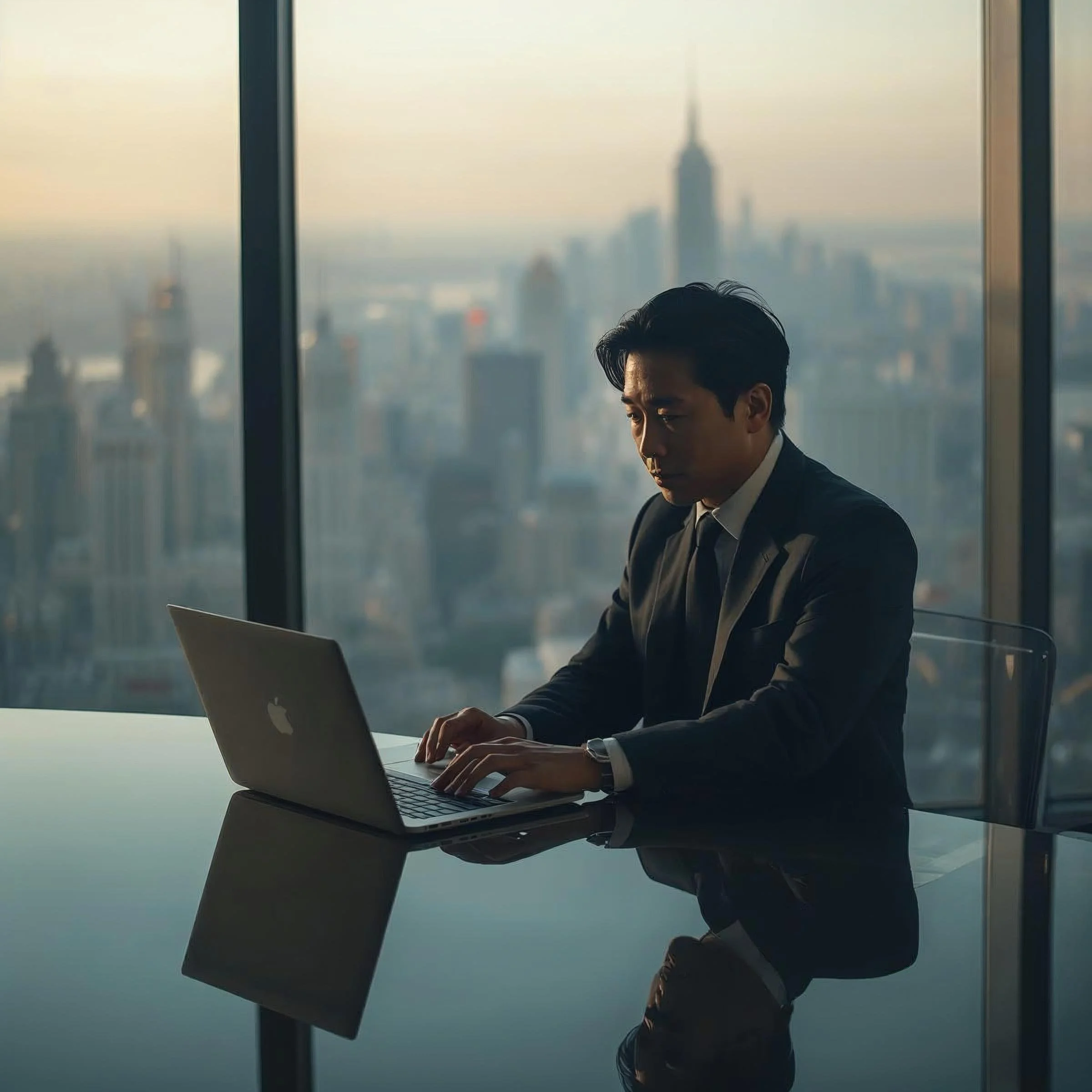 A male CEO sits at a conference table writing on a laptop on the 50th floor. Floor to ceiling windows showing the city behind. Morning light shining.jpg