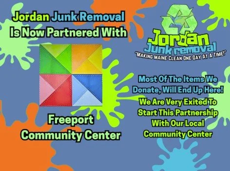 Flyer announcing Jordan Junk Removal partnering with Freeport Community Center for recycling and trash removal, with colorful paint splashes in the background.