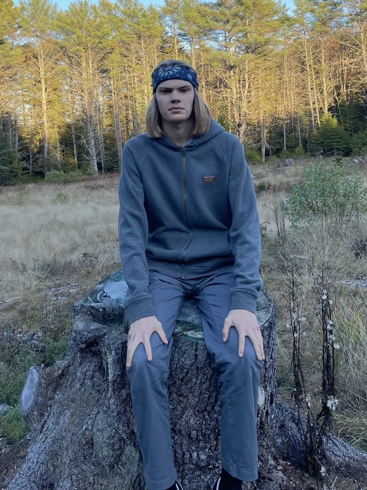 A young man with long hair, wearing a blue bandana and a gray zip-up hoodie, sitting on a tree stump in a forested area with trees and tall grass.
