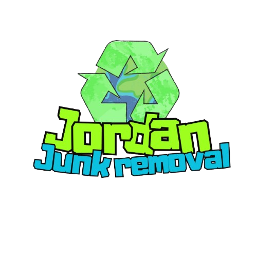 Logo for Jordan Junk Removal featuring a green recycling symbol with a blue arrow, and the company name in bold green and blue letters.