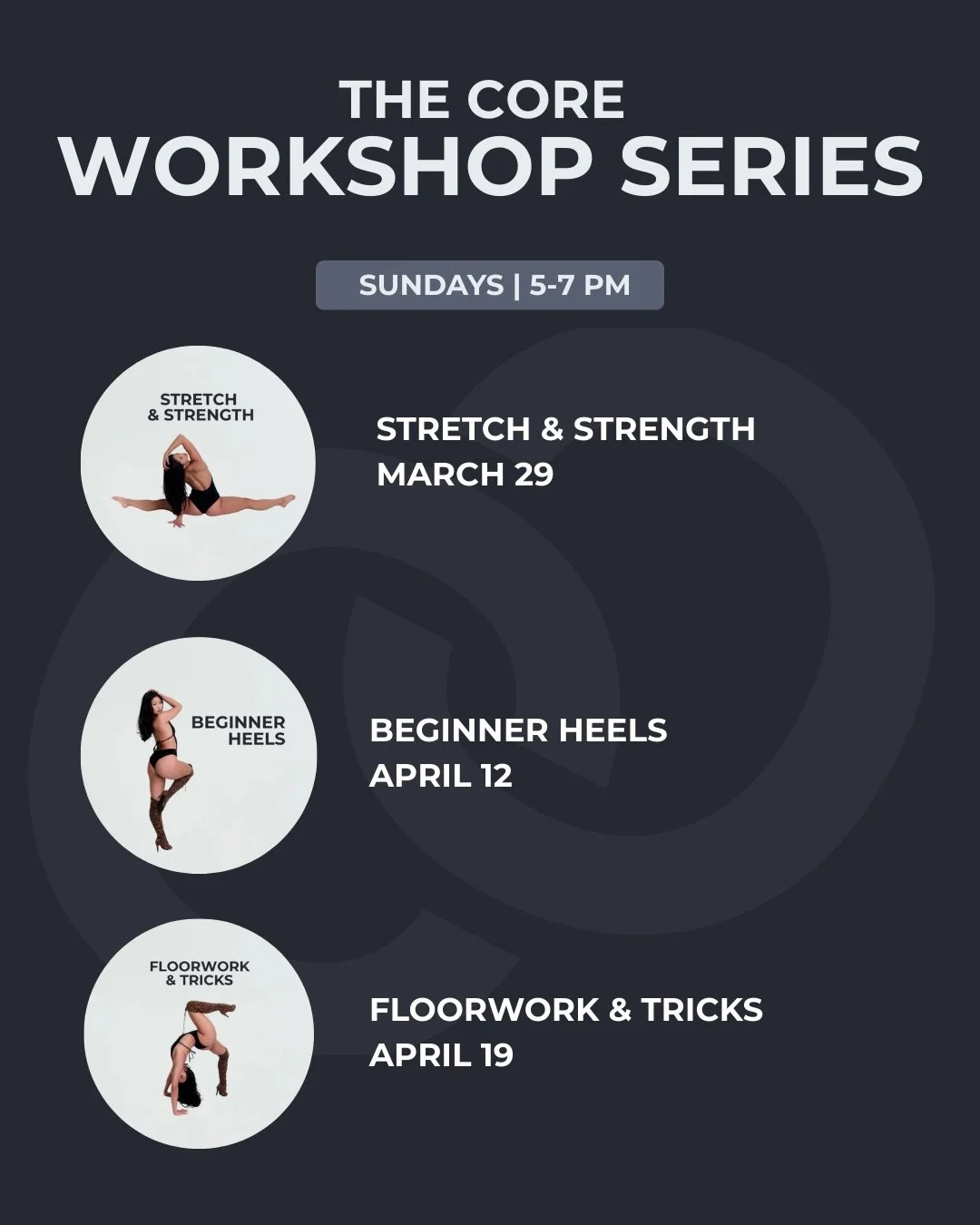 THE CORE WORKSHOP SERIES 🔗

3 unique workshops for anyone who wants a boost to their training or a sample platter of what it&rsquo;s like to train with the CORE 🤍 Take one or take them all!!

💪Stretch &amp; Strength: March 29 | 5-7pm

Designed to 