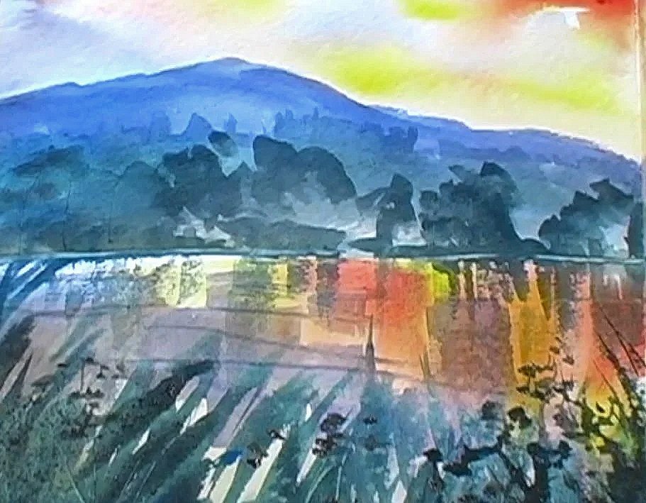 Sunsets and reflections boost color in your painting. See how to accent the foreground to give depth and a sense of distance.