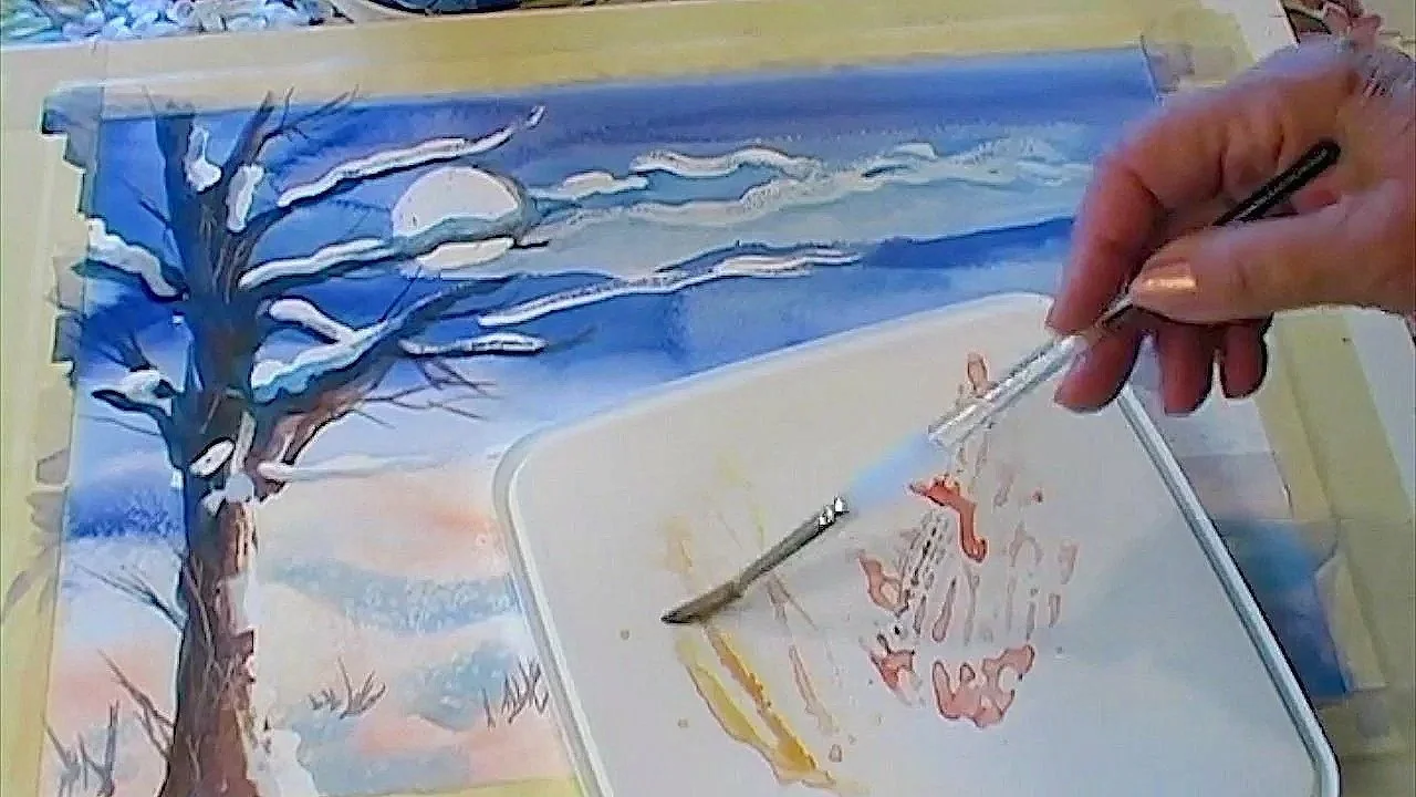 Snow isn't only white! Paint a snowy landscape using all your techniques. A plastic lid or plate works well as a mixing palette. This Lesson 13 is an expansion on Lesson 12.