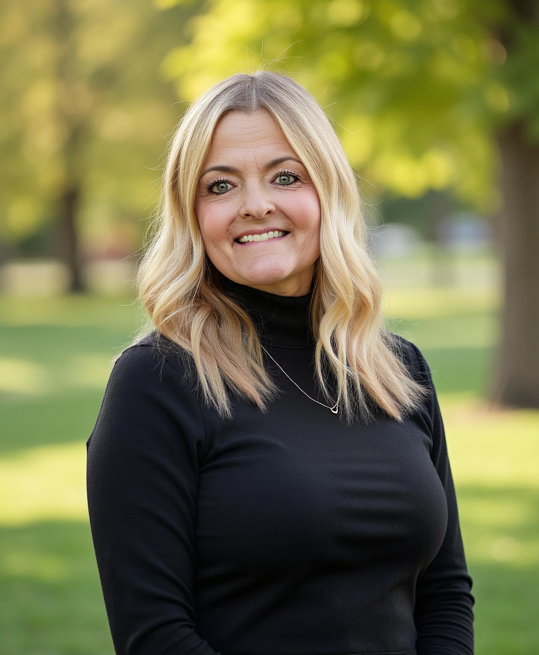A woman with blonde wavy hair wearing a black turtleneck sweater smiles outdoors with trees and greenery in the background.
