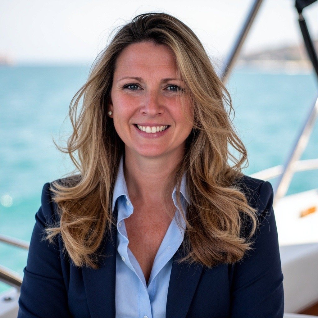 A woman with long blonde hair smiling, dressed in a navy blazer and light blue shirt, sitting on a boat near the water.