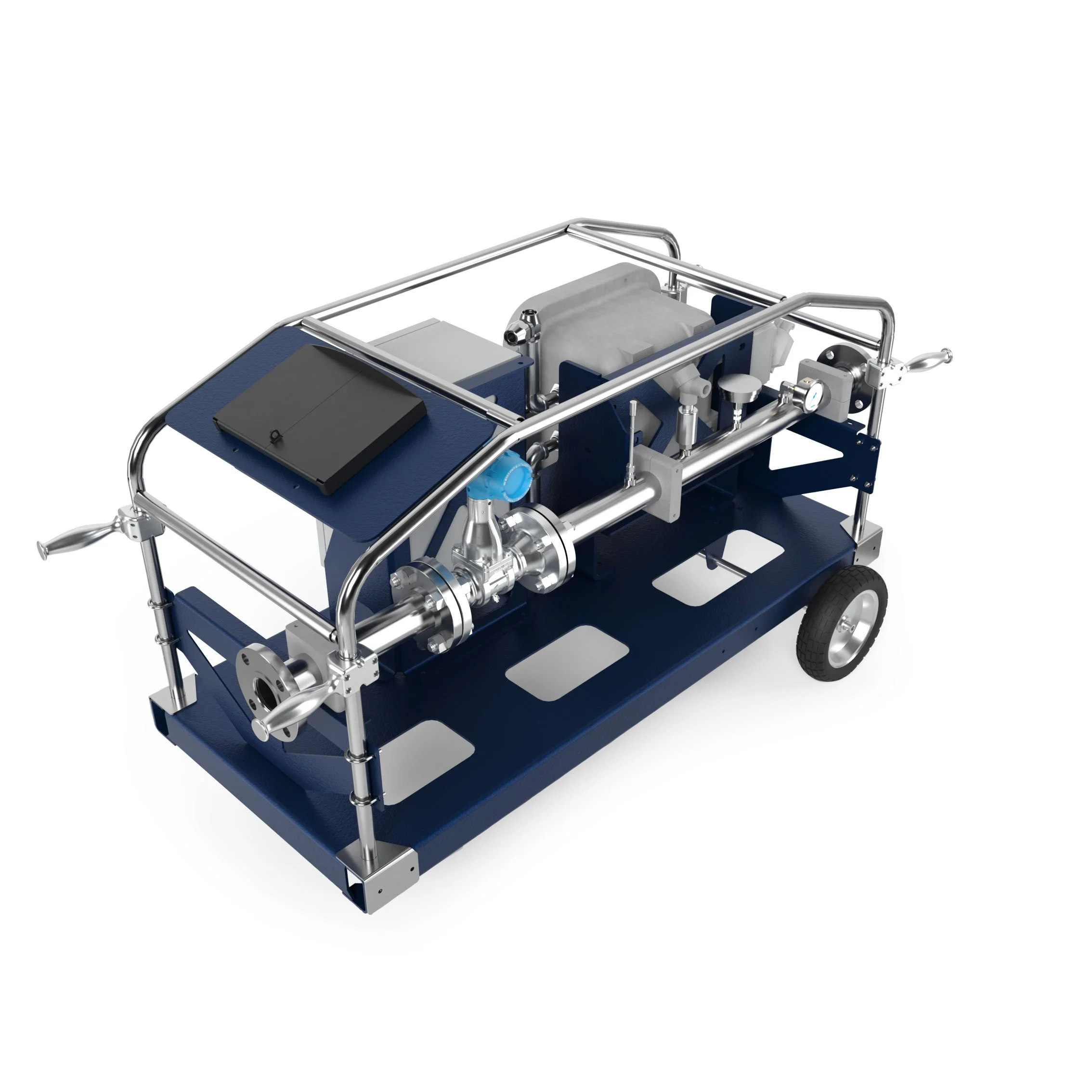 Industrial pipeline system on a mobile blue metal cart with wheels, featuring valves, gauges, and a transparent container.