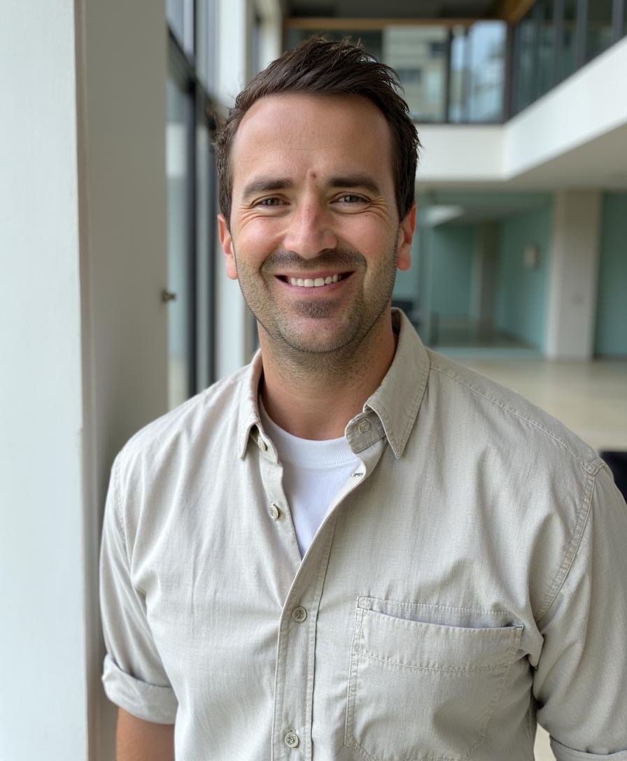 A smiling man with dark hair, wearing a beige button-up shirt over a white t-shirt, standing in a modern office or building with large windows and a glass staircase in the background.