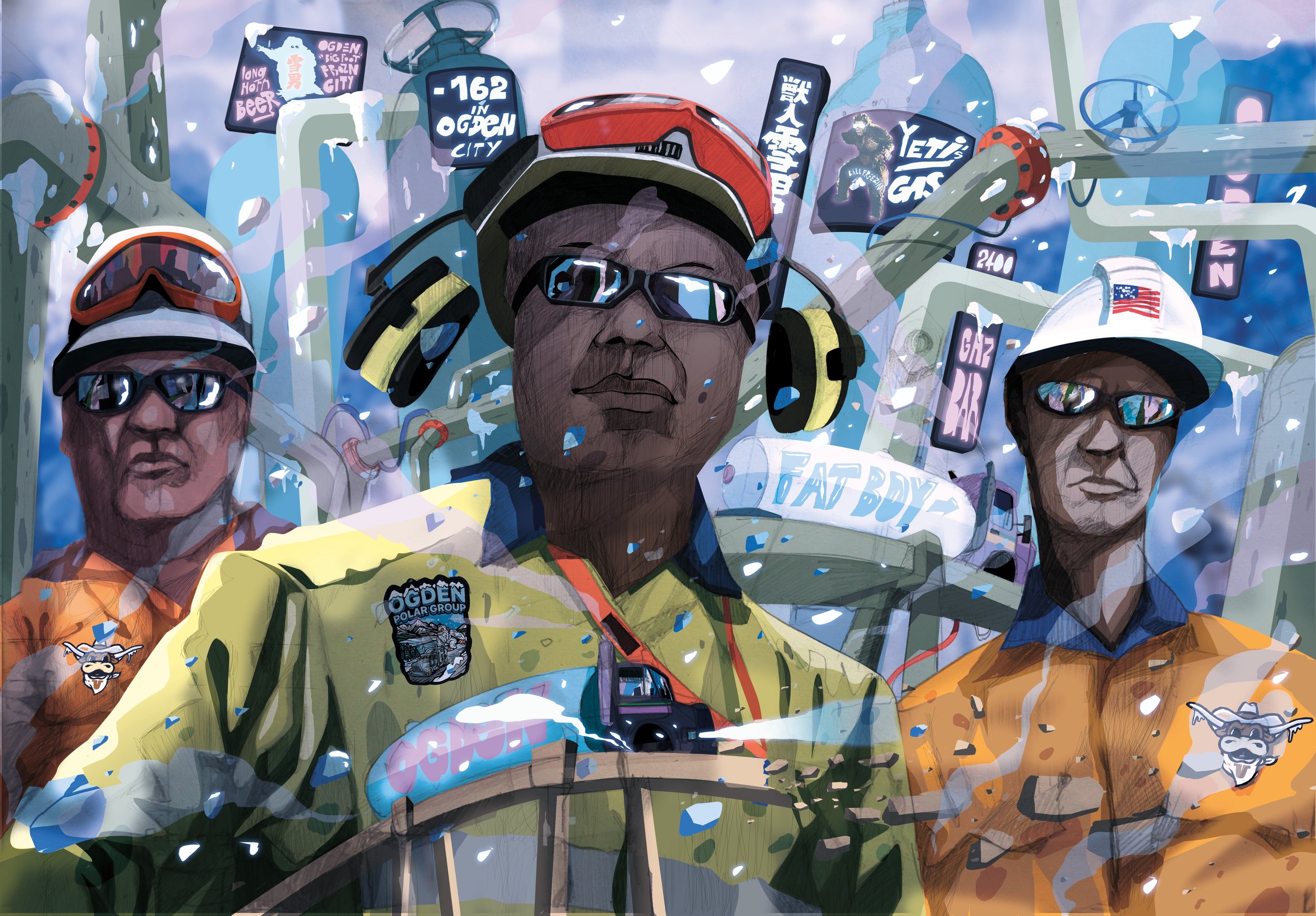 A digital illustration depicting three men dressed in colorful outfits and wearing helmets and sunglasses, with a futuristic cityscape background featuring signs, neon lights, and pipes.