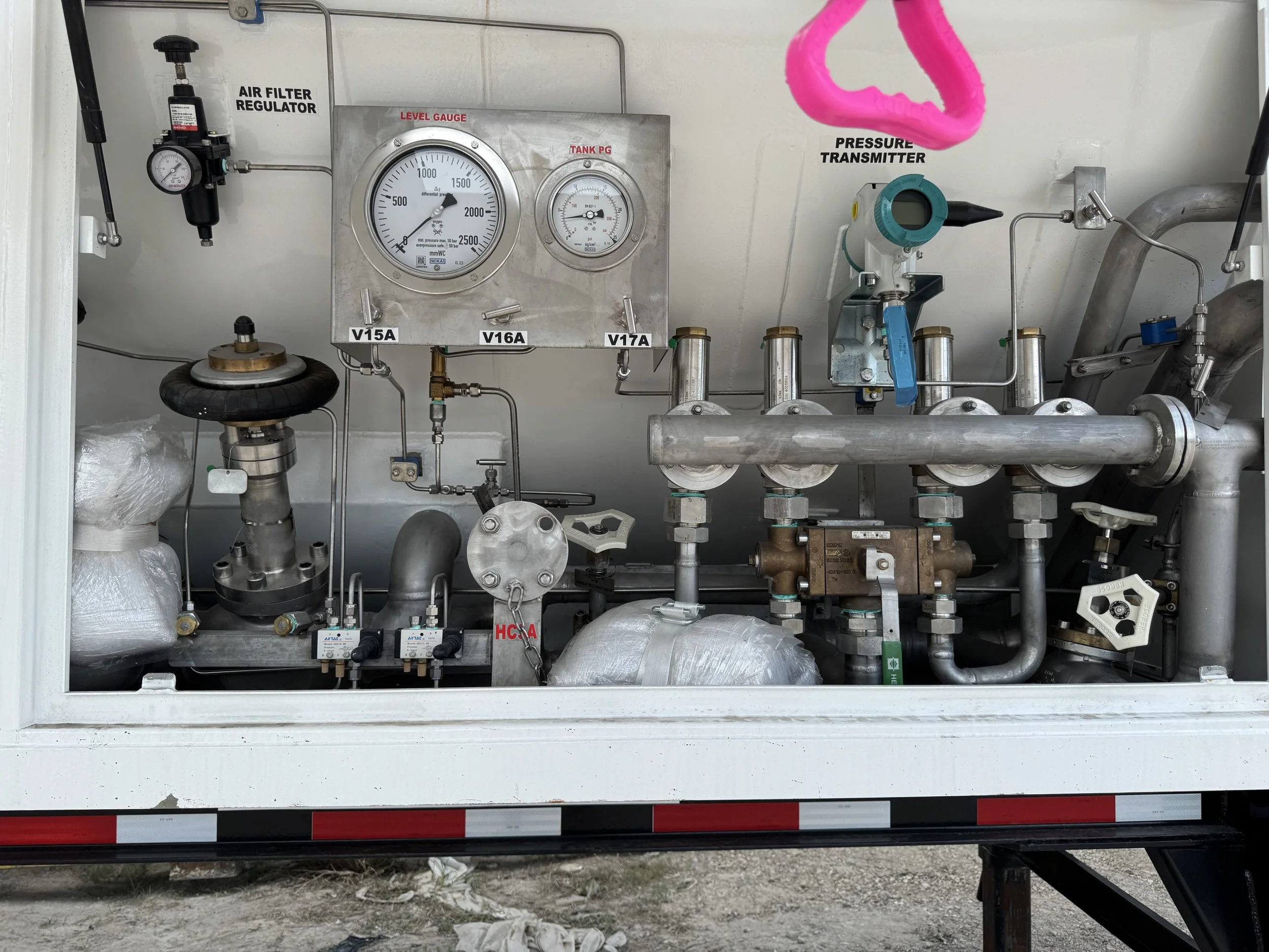 Industrial machinery with gauges, pipes, and valves, labeled with functions like air filter regulator, pressure transmitter, and pressure gauge.