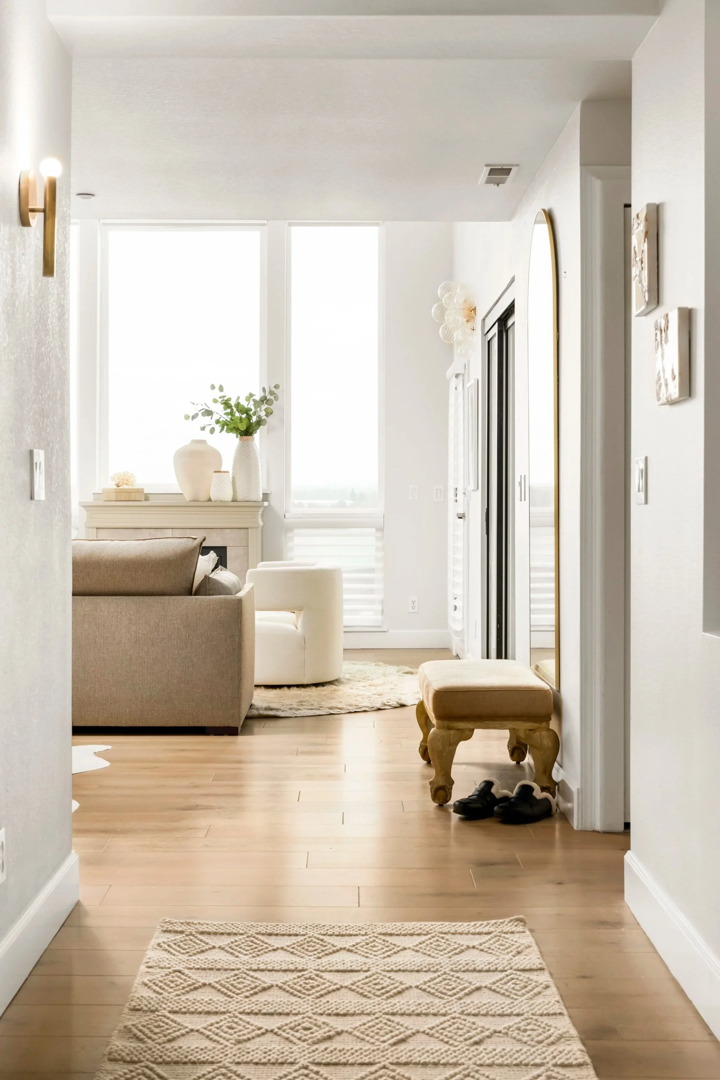 Bright and minimalistic living room with large windows, beige and white furniture, a cream-colored bench, a small rug, and decorative vases on the mantel.