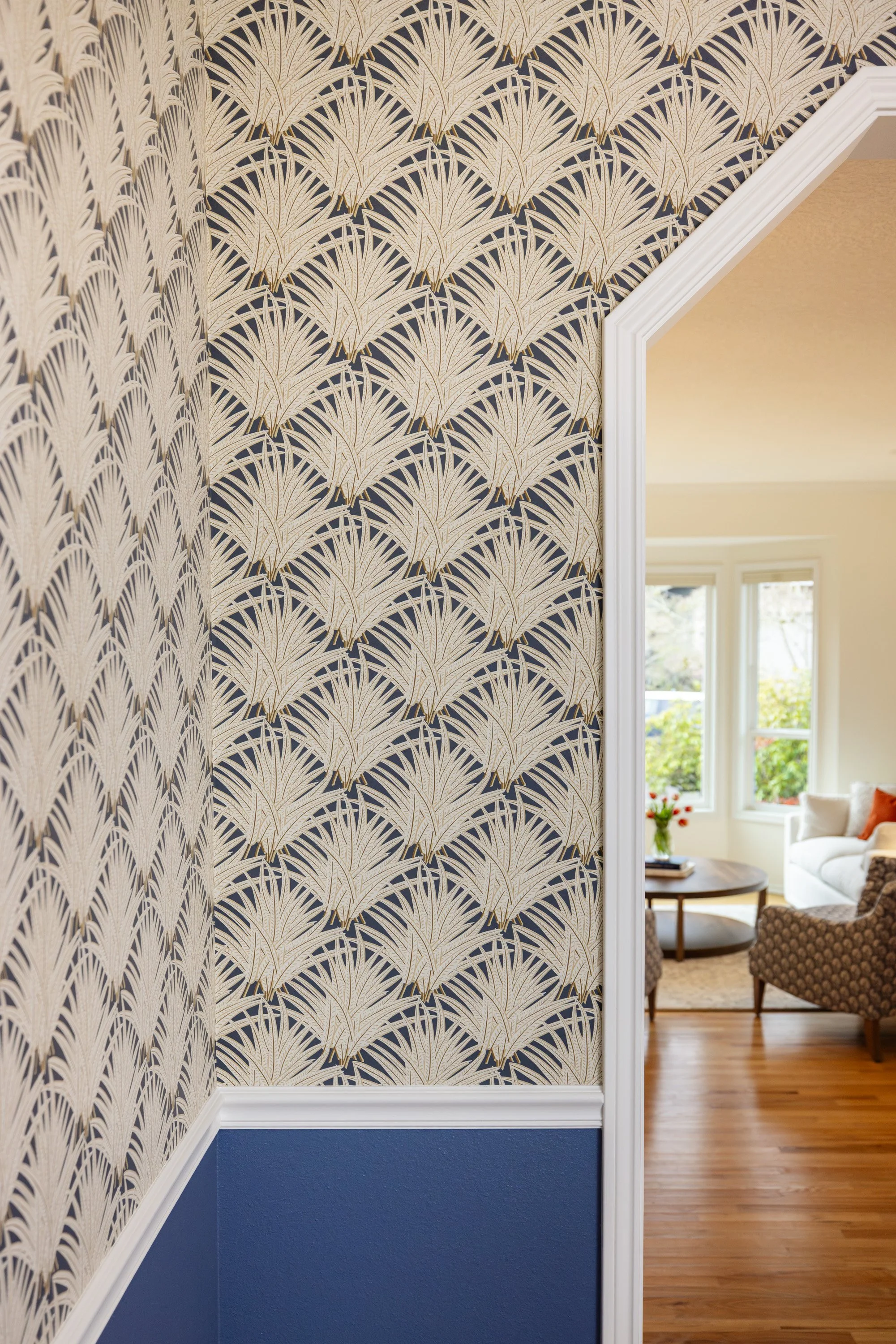 Shumacher wallpaper with pampas grass and blue wainscotting