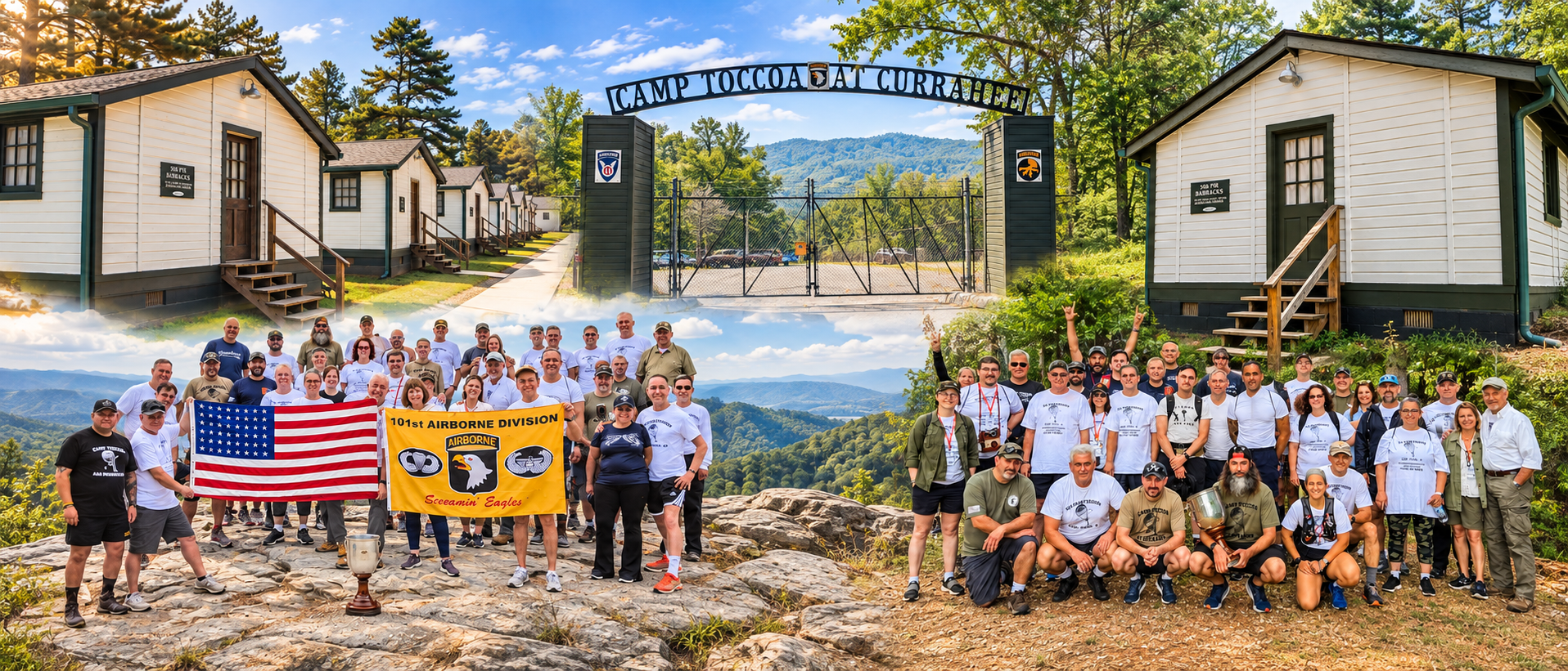 Collage of two images of Camp Toccoa at Currahee and two groups of people, including veterans, in front of scenic mountain views, with flags and banners, celebrating military service.