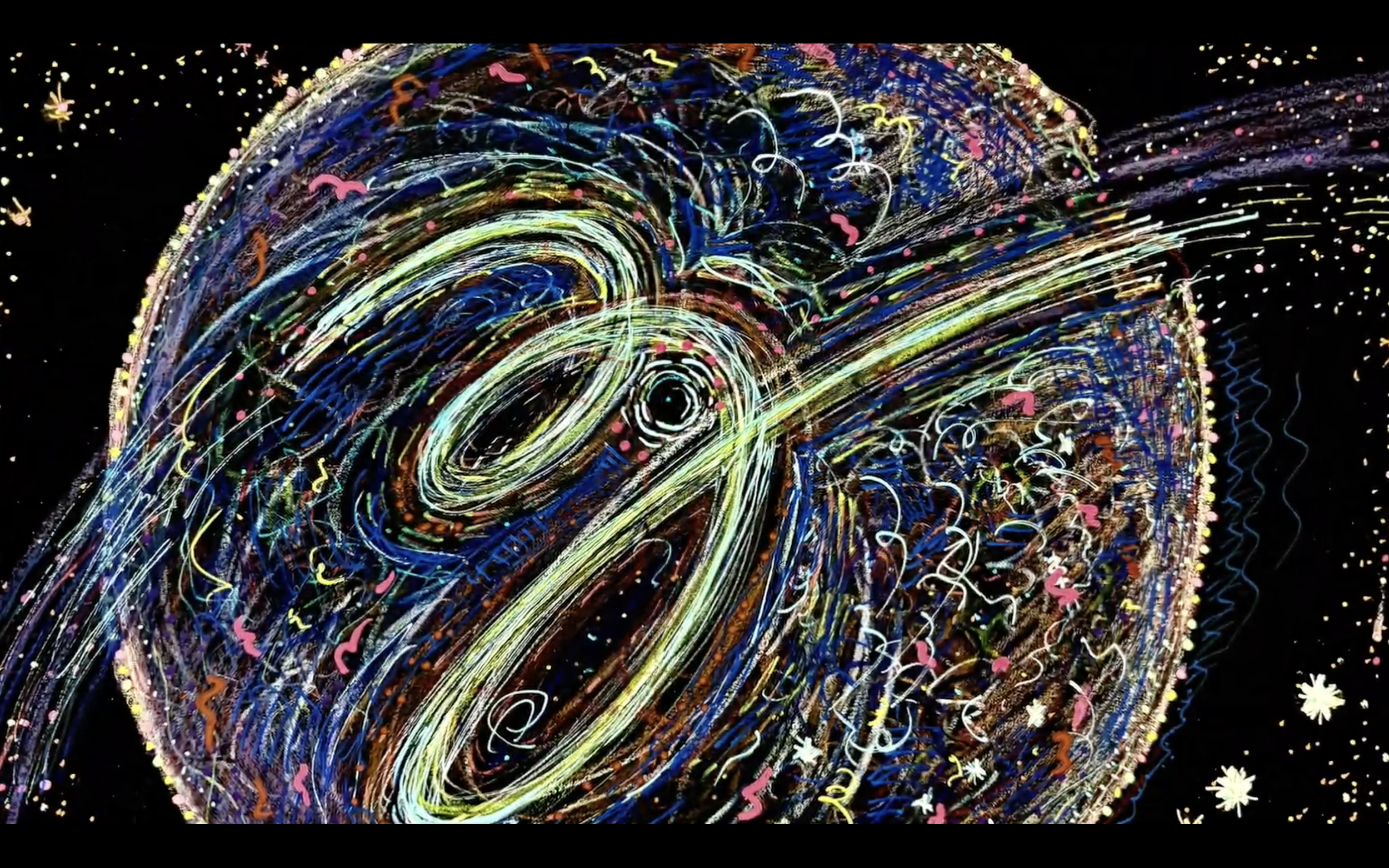 Colorful abstract light display with swirling lines, neon colors, and small decorative elements on a black background.