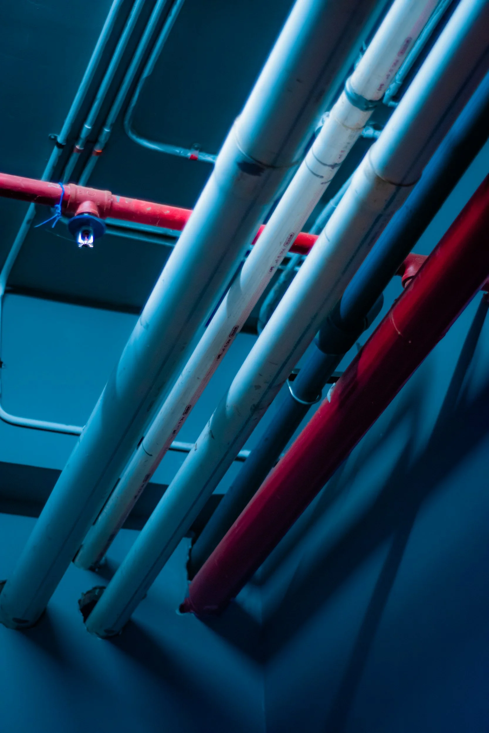 Pipes and conduit running along a ceiling in an industrial or utility setting, with a blue hue and some visible wear.